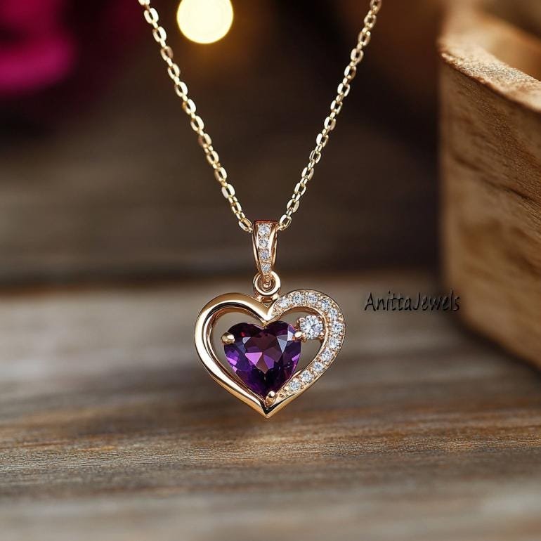 14k Gold Amethyst Heart Pendant: February Birthstone Charm - Anitta Jewels | SKU: etsy_1885275936 14k Gold Amethyst Heart Pendant: February Birthstone Charm - Anitta Jewels | SKU: etsy_1885275936