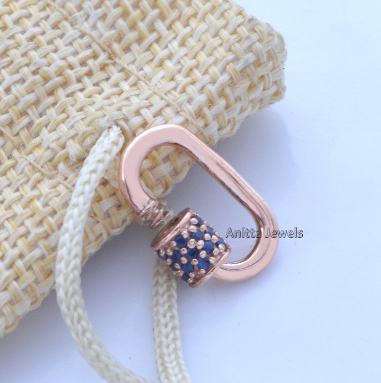 14K Gold Blue Sapphire Carabiner Lock: Handmade Jewelry Finding - View 2 - Anitta Jewels | SKU: etsy_888360497 14K Gold Blue Sapphire Carabiner Lock: Handmade Jewelry Finding - View 2 - Anitta Jewels | SKU: etsy_888360497