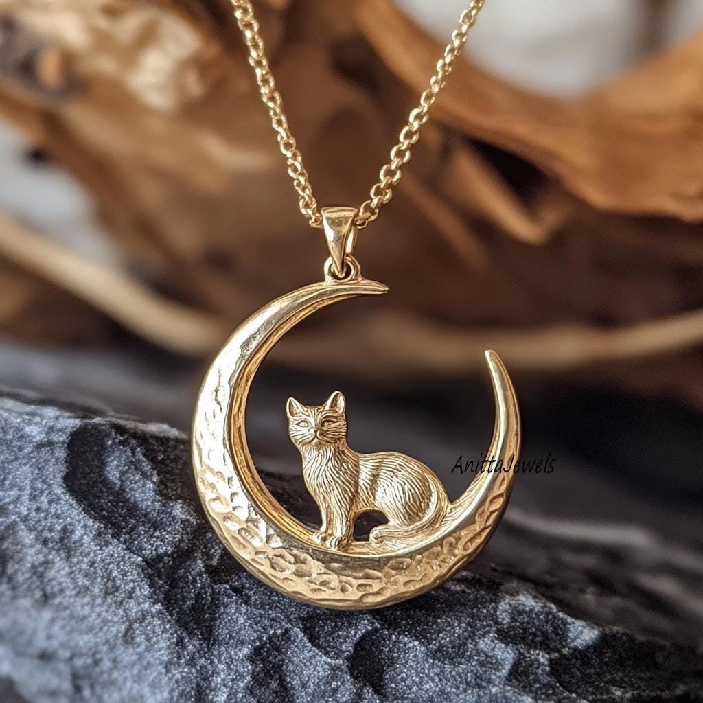14k Gold Cat Moon Pendant: Sterling Silver Crescent Necklace - Anitta Jewels | SKU: etsy_1835368904 14k Gold Cat Moon Pendant: Sterling Silver Crescent Necklace - Anitta Jewels | SKU: etsy_1835368904