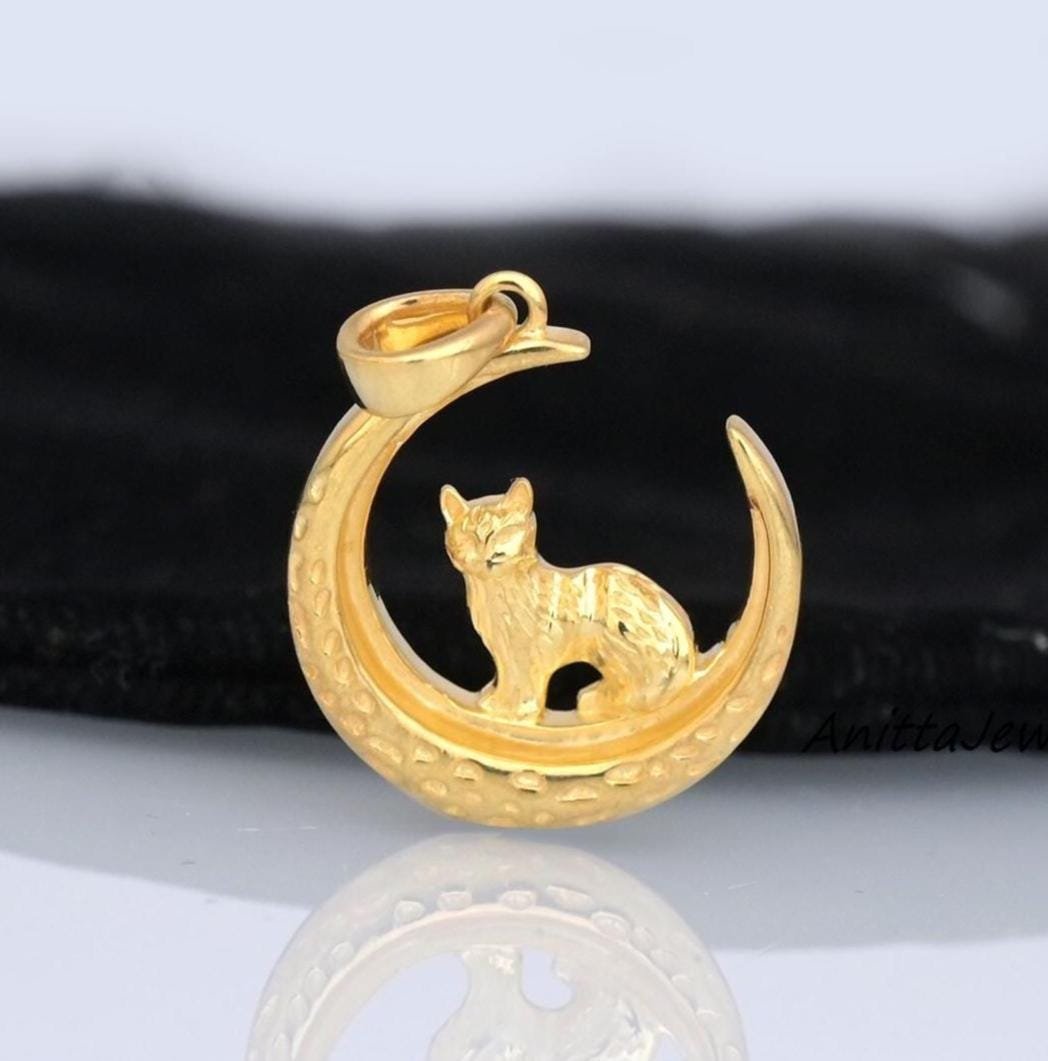 14k Gold Cat Moon Pendant: Sterling Silver Crescent Necklace - View 2 - Anitta Jewels | SKU: etsy_1835368904 14k Gold Cat Moon Pendant: Sterling Silver Crescent Necklace - View 2 - Anitta Jewels | SKU: etsy_1835368904