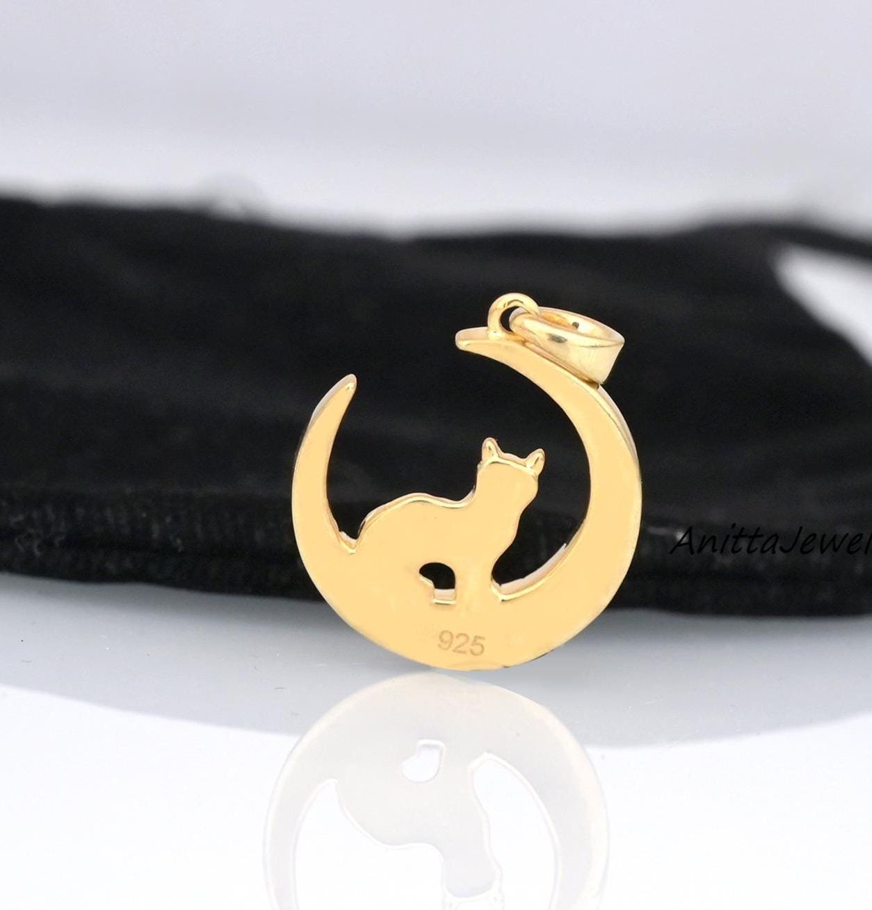 14k Gold Cat Moon Pendant: Sterling Silver Crescent Necklace - View 3 - Anitta Jewels | SKU: etsy_1835368904 14k Gold Cat Moon Pendant: Sterling Silver Crescent Necklace - View 3 - Anitta Jewels | SKU: etsy_1835368904