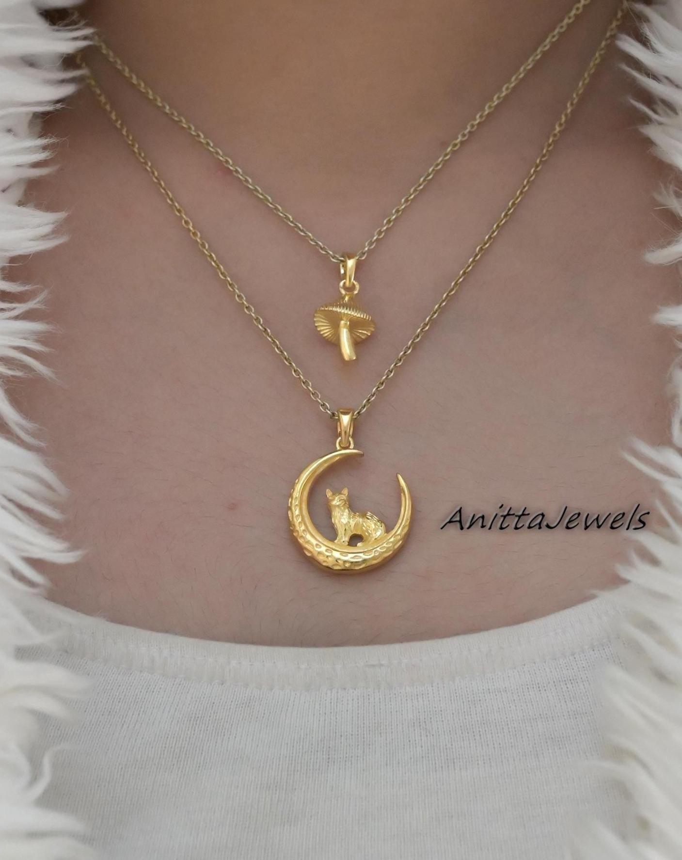 14k Gold Cat Moon Pendant: Sterling Silver Crescent Necklace - View 4 - Anitta Jewels | SKU: etsy_1835368904 14k Gold Cat Moon Pendant: Sterling Silver Crescent Necklace - View 4 - Anitta Jewels | SKU: etsy_1835368904