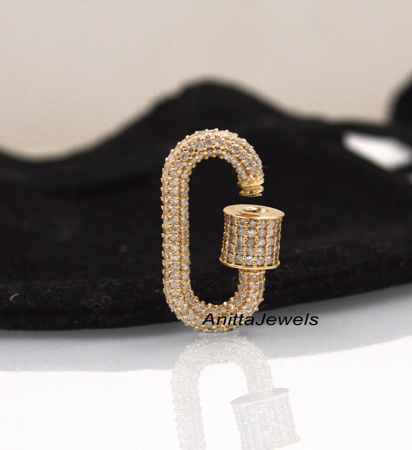 14K Gold Diamond Carabiner Lock Pendant: Handmade Oval Charm - View 2 - Anitta Jewels | SKU: etsy_1066095227 14K Gold Diamond Carabiner Lock Pendant: Handmade Oval Charm - View 2 - Anitta Jewels | SKU: etsy_1066095227