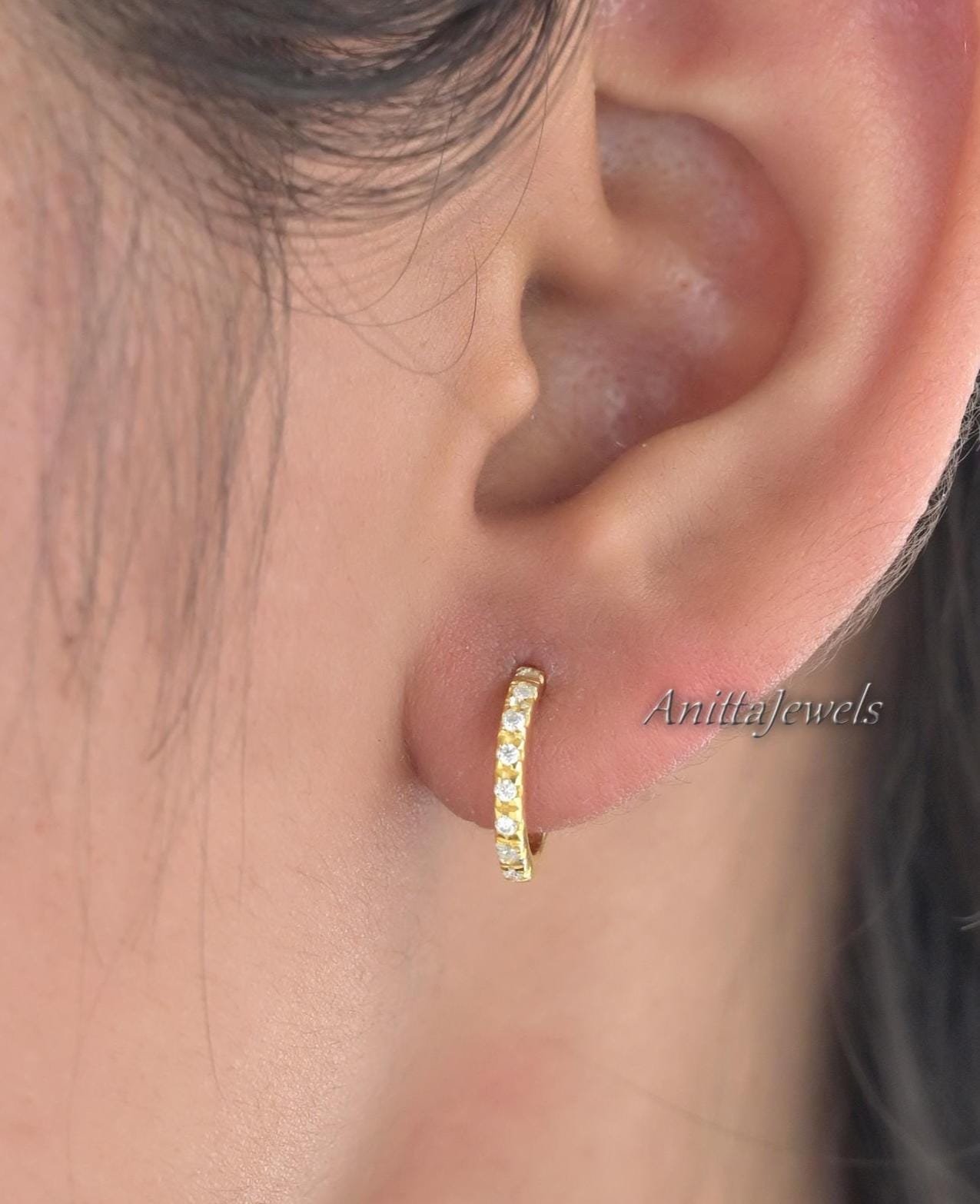 14K Gold Diamond Half Hoop Earrings: Huggie Style - View 2 - Anitta Jewels | SKU: etsy_1118700860 14K Gold Diamond Half Hoop Earrings: Huggie Style - View 2 - Anitta Jewels | SKU: etsy_1118700860