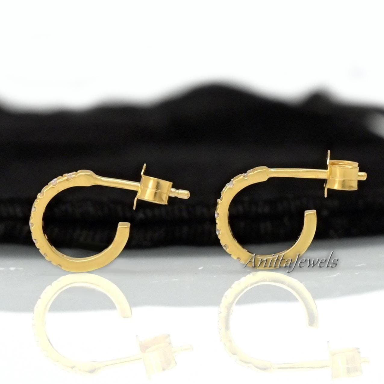 14K Gold Diamond Half Hoop Earrings: Huggie Style - View 3 - Anitta Jewels | SKU: etsy_1118700860 14K Gold Diamond Half Hoop Earrings: Huggie Style - View 3 - Anitta Jewels | SKU: etsy_1118700860