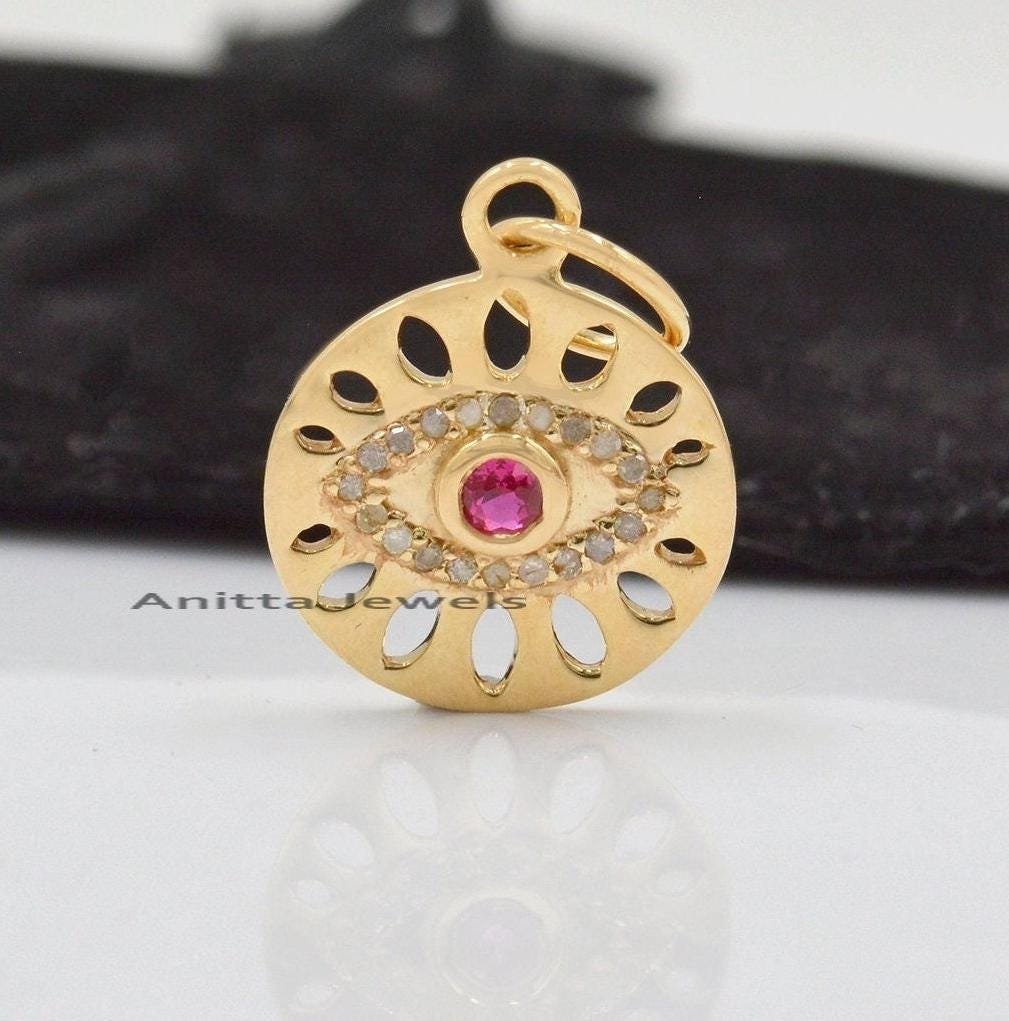 14K Gold Evil Eye Pendant: Ruby & Diamond Disc Charm - Anitta Jewels | SKU: etsy_1695656858 14K Gold Evil Eye Pendant: Ruby & Diamond Disc Charm - Anitta Jewels | SKU: etsy_1695656858