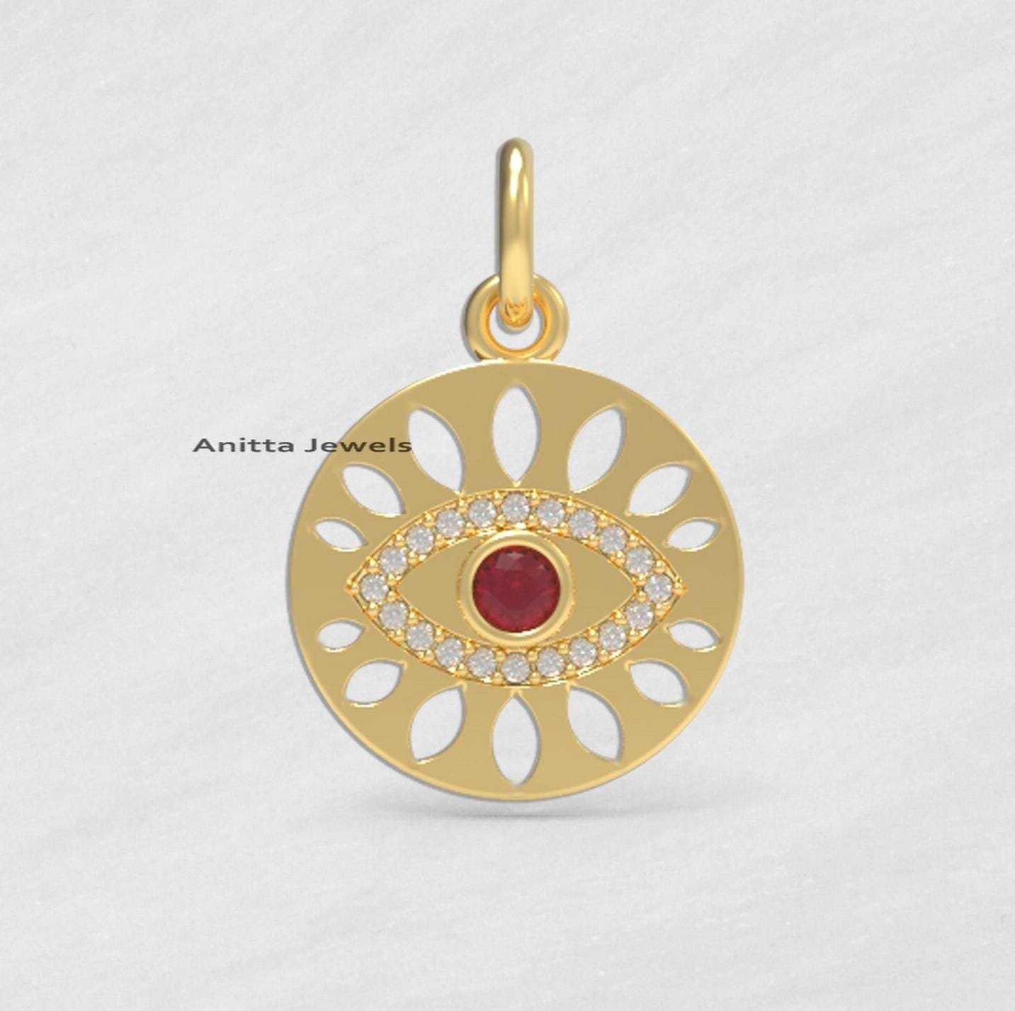 14K Gold Evil Eye Pendant: Ruby & Diamond Disc Charm - View 2 - Anitta Jewels | SKU: etsy_1695656858 14K Gold Evil Eye Pendant: Ruby & Diamond Disc Charm - View 2 - Anitta Jewels | SKU: etsy_1695656858