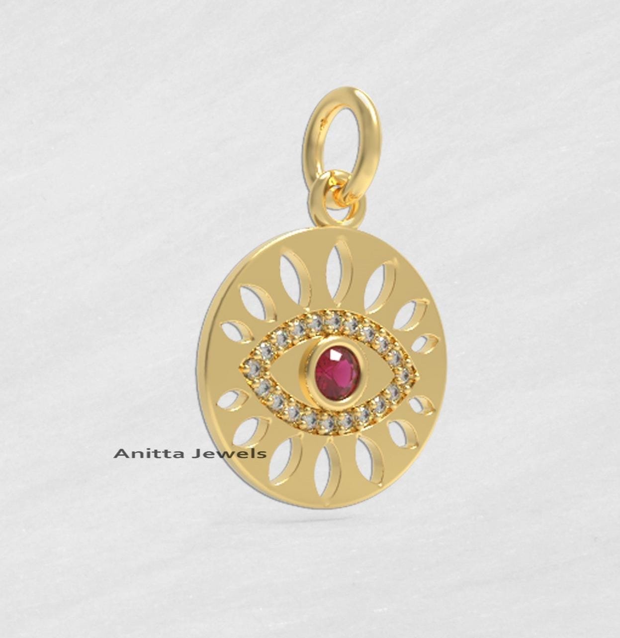 14K Gold Evil Eye Pendant: Ruby & Diamond Disc Charm - View 3 - Anitta Jewels | SKU: etsy_1695656858 14K Gold Evil Eye Pendant: Ruby & Diamond Disc Charm - View 3 - Anitta Jewels | SKU: etsy_1695656858