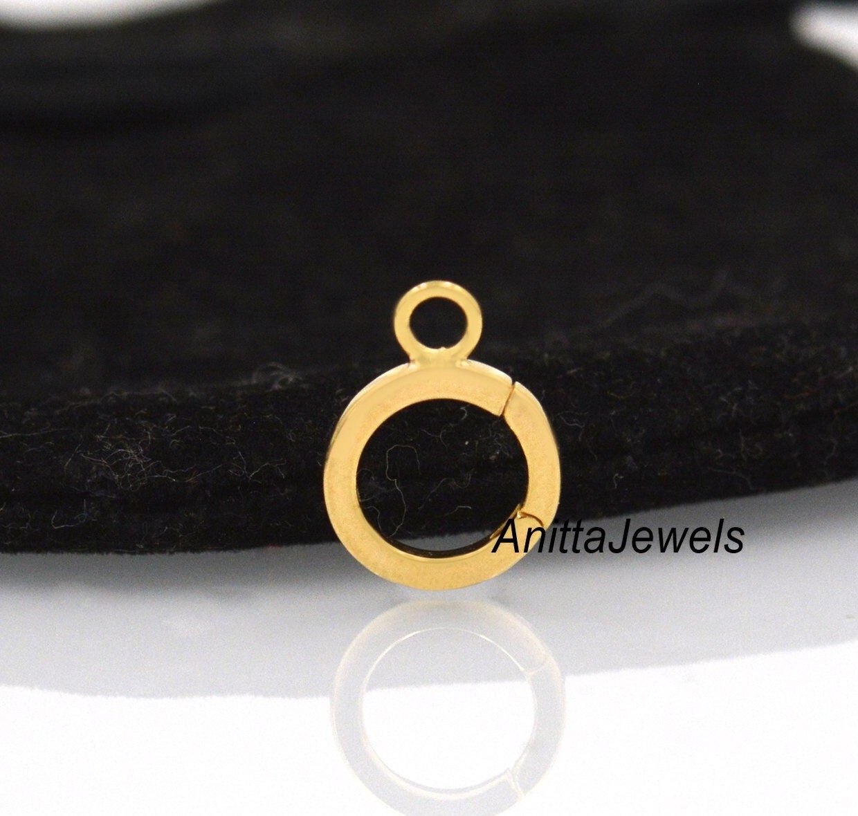 14K Gold Hinged Circle Charm Holder: Spring Push Gate Lock - View 3 - Anitta Jewels | SKU: etsy_1391000825 14K Gold Hinged Circle Charm Holder: Spring Push Gate Lock - View 3 - Anitta Jewels | SKU: etsy_1391000825