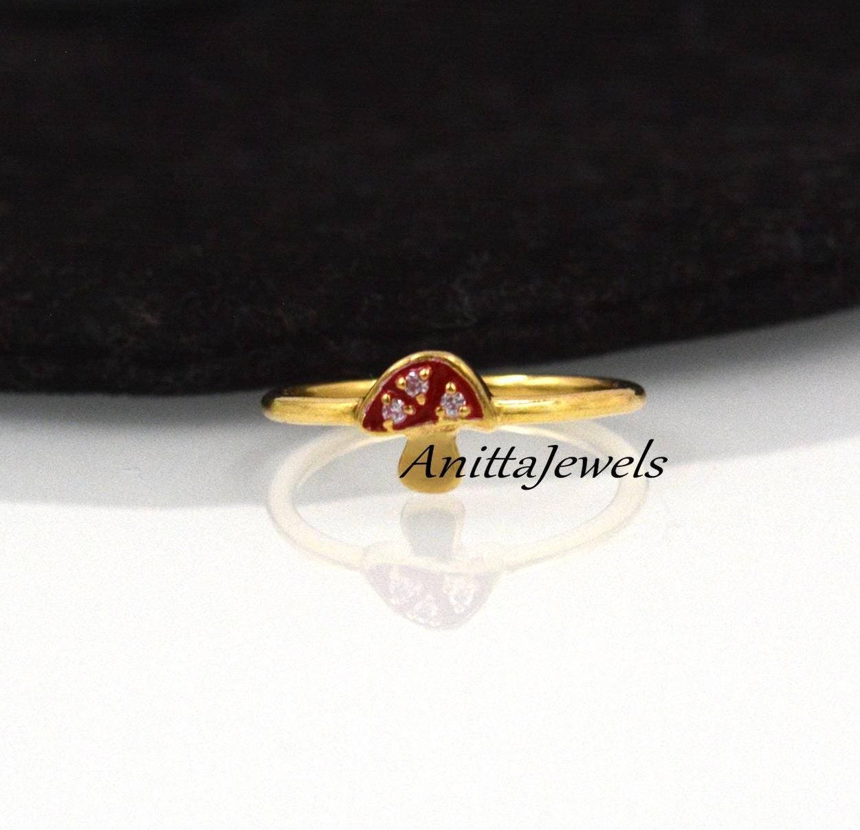 14K Gold Mushroom Ring: Moissanite Gemstone, Enamel Jewelry - Anitta Jewels | SKU: etsy_1469841802 14K Gold Mushroom Ring: Moissanite Gemstone, Enamel Jewelry - Anitta Jewels | SKU: etsy_1469841802