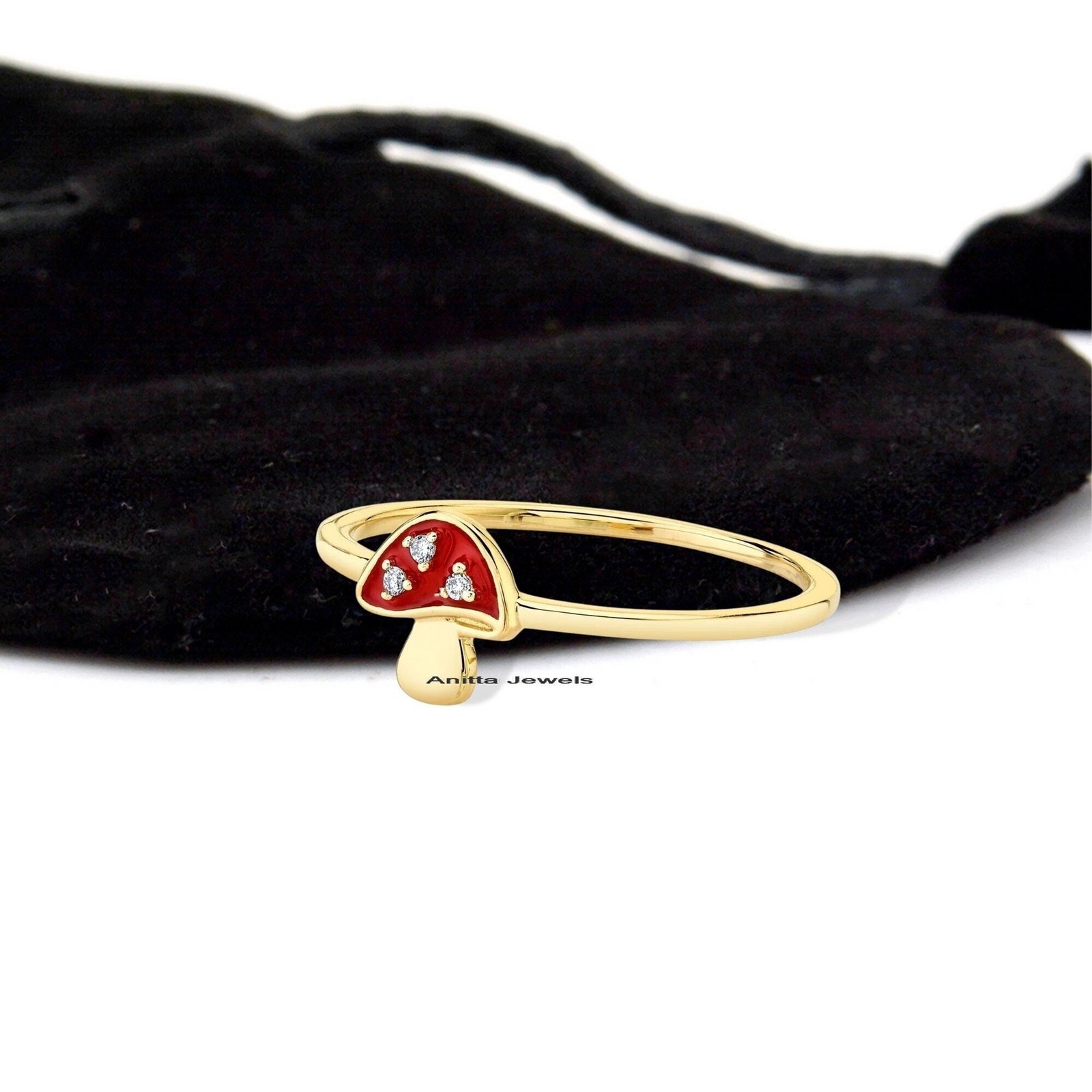14K Gold Mushroom Ring: Moissanite Gemstone, Enamel Jewelry - View 2 - Anitta Jewels | SKU: etsy_1469841802 14K Gold Mushroom Ring: Moissanite Gemstone, Enamel Jewelry - View 2 - Anitta Jewels | SKU: etsy_1469841802