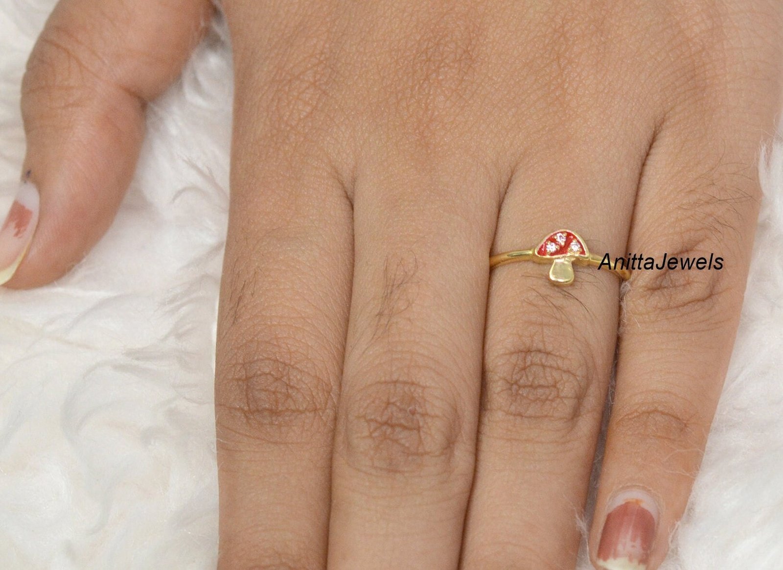 14K Gold Mushroom Ring: Moissanite Gemstone, Enamel Jewelry - View 4 - Anitta Jewels | SKU: etsy_1469841802 14K Gold Mushroom Ring: Moissanite Gemstone, Enamel Jewelry - View 4 - Anitta Jewels | SKU: etsy_1469841802