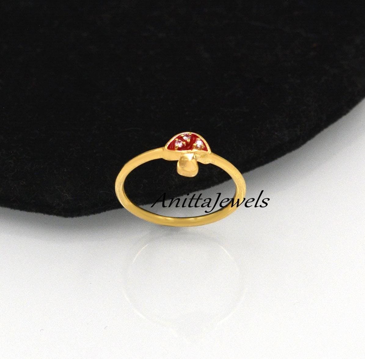 14K Gold Mushroom Ring: Moissanite Gemstone, Enamel Jewelry - View 5 - Anitta Jewels | SKU: etsy_1469841802 14K Gold Mushroom Ring: Moissanite Gemstone, Enamel Jewelry - View 5 - Anitta Jewels | SKU: etsy_1469841802