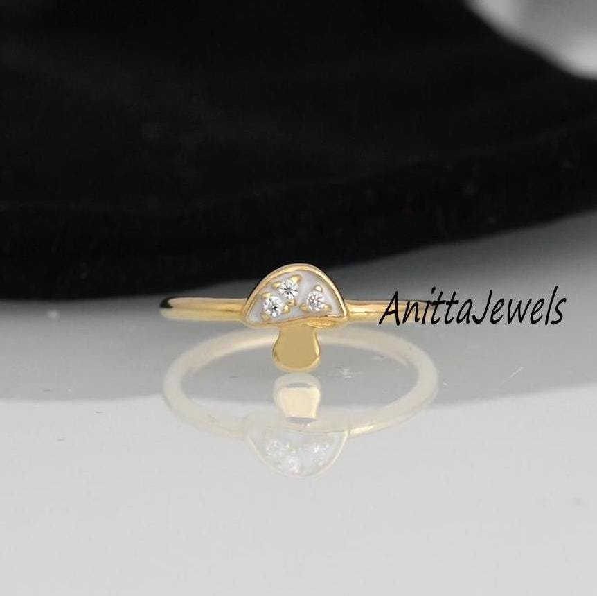 14K Gold Mushroom Ring: Moissanite Gemstone, Enamel Jewelry - View 7 - Anitta Jewels | SKU: etsy_1469841802 14K Gold Mushroom Ring: Moissanite Gemstone, Enamel Jewelry - View 7 - Anitta Jewels | SKU: etsy_1469841802