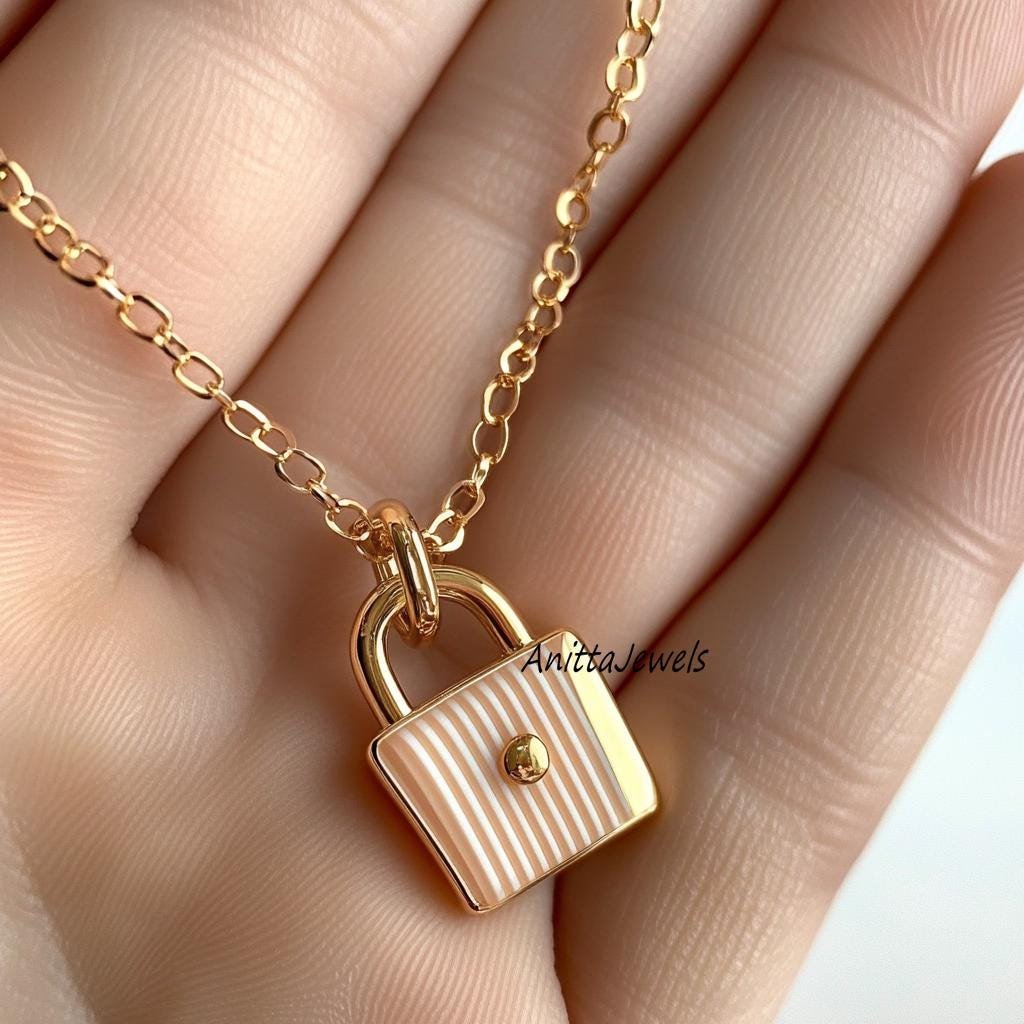 14K Gold Padlock Pendant: White Enamel Silver Necklace (20MM) - View 2 - Anitta Jewels | SKU: etsy_1780170208 14K Gold Padlock Pendant: White Enamel Silver Necklace (20MM) - View 2 - Anitta Jewels | SKU: etsy_1780170208