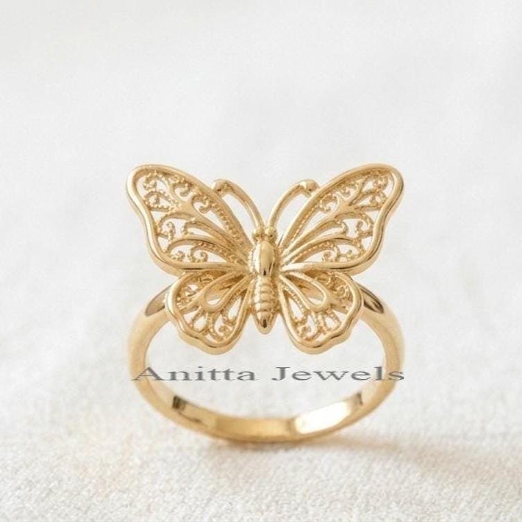14K Gold-Plated Butterfly Ring, Filigree Butterfly Ring, Nature-Inspired Gold Ring, Butterfly Statement Ring, Gift for Her - 14K Gold-Plated Butterfly Ring, Filigree Butterfly Ring, Nature-Inspired Gold Ring, Butterfly Statement Ring, Gift for Her -