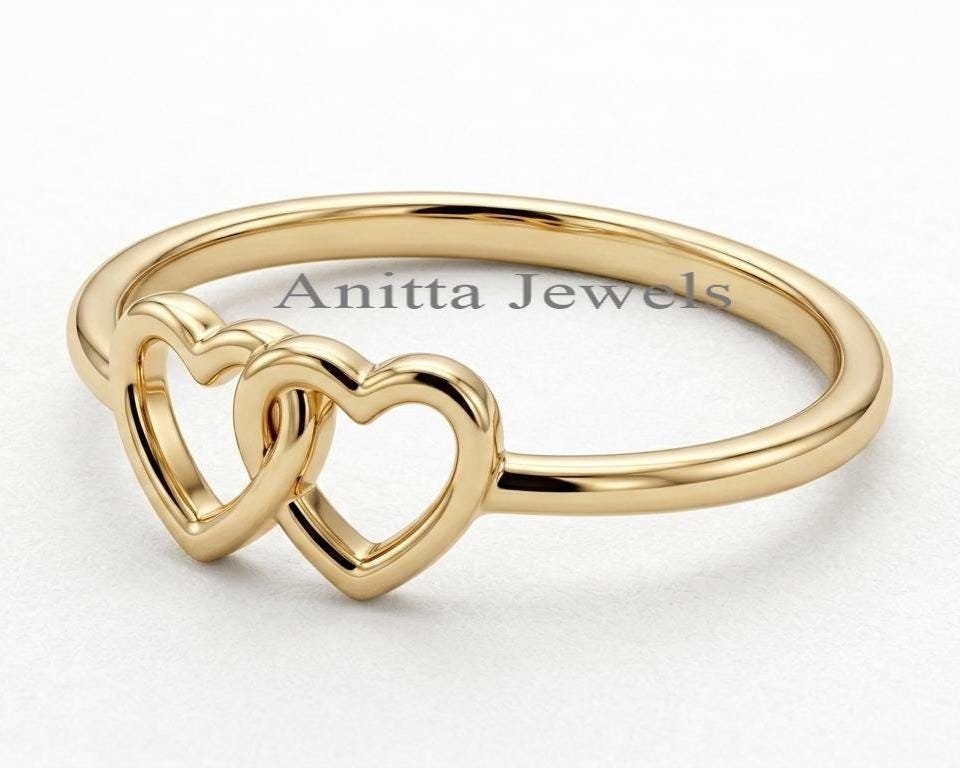 14K Gold Plated Double Heart Ring, Interlocking Heart Ring, Dainty Heart Ring, Minimalist Love Ring, Promise Ring for Her, Op 14K Gold Plated Double Heart Ring, Interlocking Heart Ring, Dainty Heart Ring, Minimalist Love Ring, Promise Ring for Her, Op