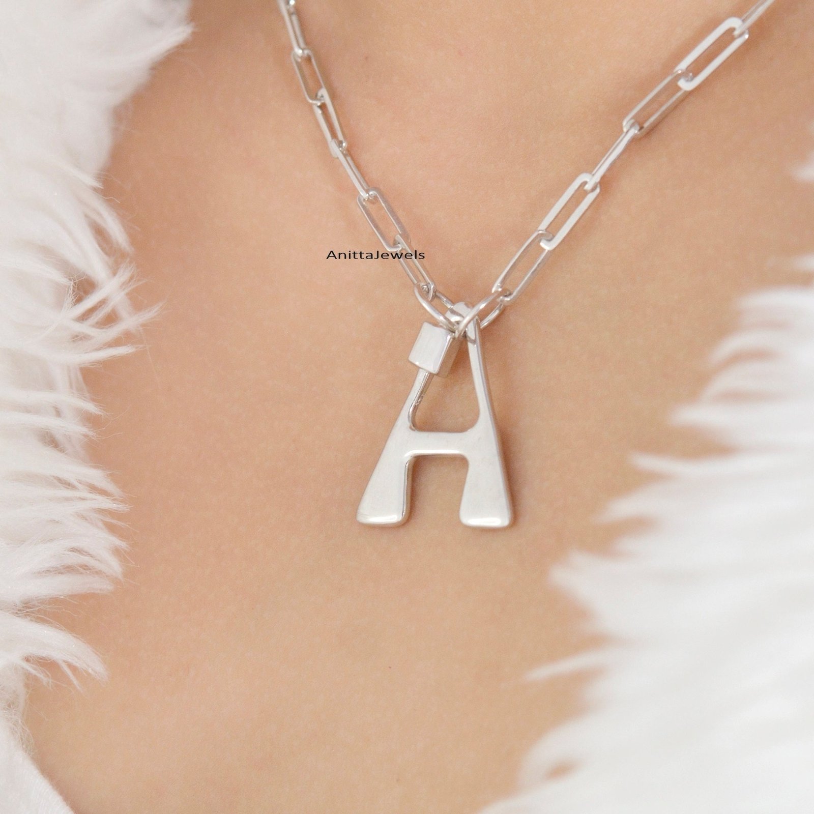 14K Gold Plated Initial Carabiner Lock: Sterling Silver Alphabet Pendant - View 4 - Anitta Jewels | SKU: etsy_908586656 14K Gold Plated Initial Carabiner Lock: Sterling Silver Alphabet Pendant - View 4 - Anitta Jewels | SKU: etsy_908586656