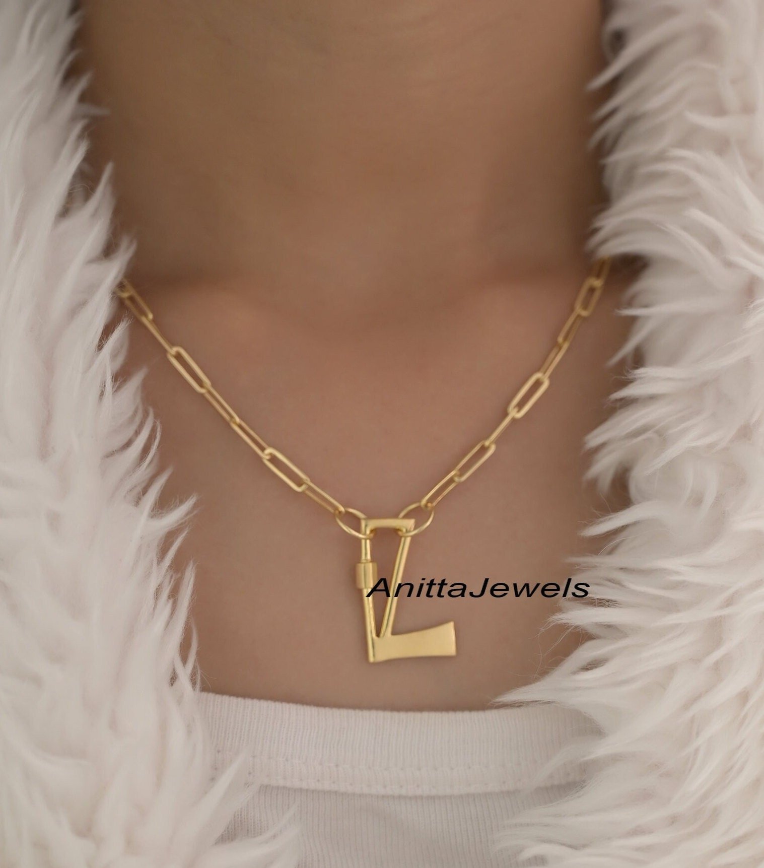 14K Gold Plated Initial Carabiner Lock: Sterling Silver Alphabet Pendant - View 5 - Anitta Jewels | SKU: etsy_908586656 14K Gold Plated Initial Carabiner Lock: Sterling Silver Alphabet Pendant - View 5 - Anitta Jewels | SKU: etsy_908586656