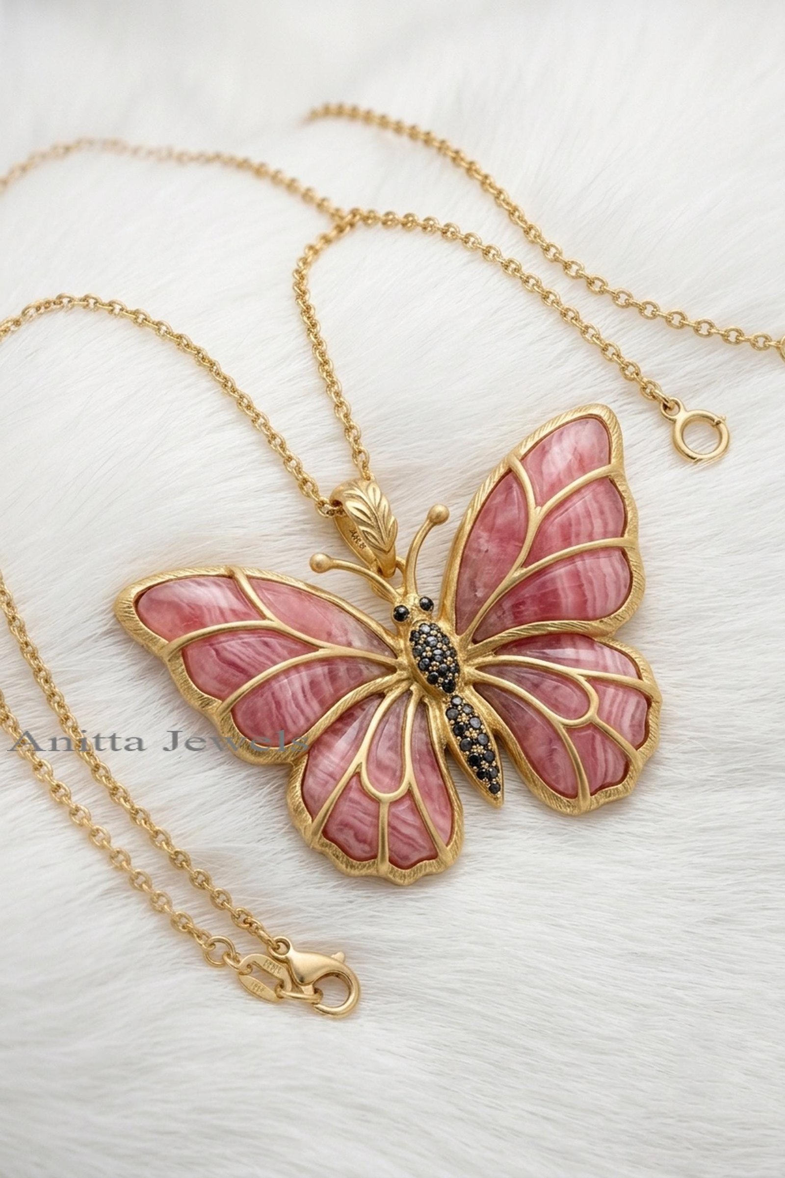 14K Gold Plated Rhodolite Gemstone Butterfly Pendant, Black Spinel Accent, Sterling Silver - Anitta Jewels | SKU: etsy_451894 14K Gold Plated Rhodolite Gemstone Butterfly Pendant, Black Spinel Accent, Sterling Silver - Anitta Jewels | SKU: etsy_451894