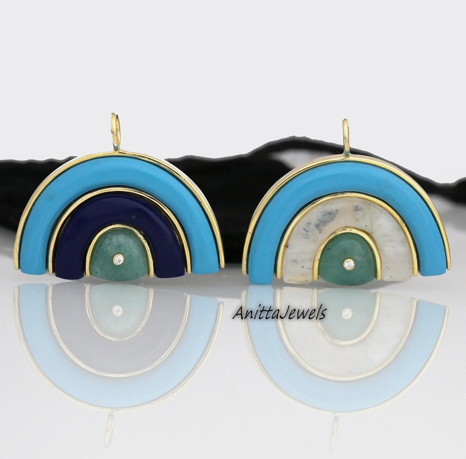 14k Gold Rainbow Pendant: Moissanite & Gemstone Inlay, Handmade - Anitta Jewels | SKU: etsy_1479996193 14k Gold Rainbow Pendant: Moissanite & Gemstone Inlay, Handmade - Anitta Jewels | SKU: etsy_1479996193