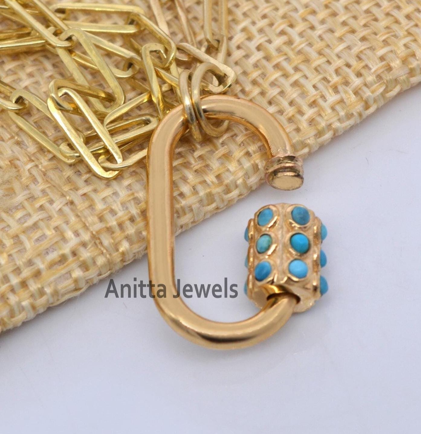 14K Gold Turquoise Carabiner Lock: Handmade Jewelry Clasp - Anitta Jewels | SKU: etsy_922507469 14K Gold Turquoise Carabiner Lock: Handmade Jewelry Clasp - Anitta Jewels | SKU: etsy_922507469