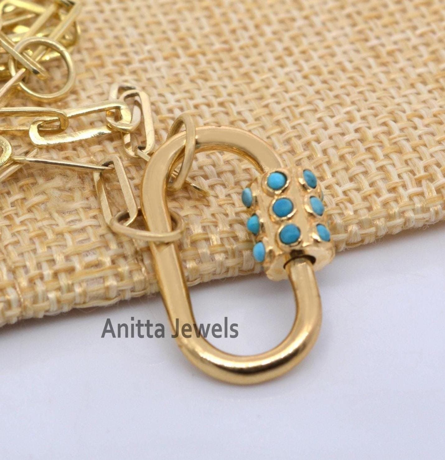 14K Gold Turquoise Carabiner Lock: Handmade Jewelry Clasp - View 2 - Anitta Jewels | SKU: etsy_922507469 14K Gold Turquoise Carabiner Lock: Handmade Jewelry Clasp - View 2 - Anitta Jewels | SKU: etsy_922507469