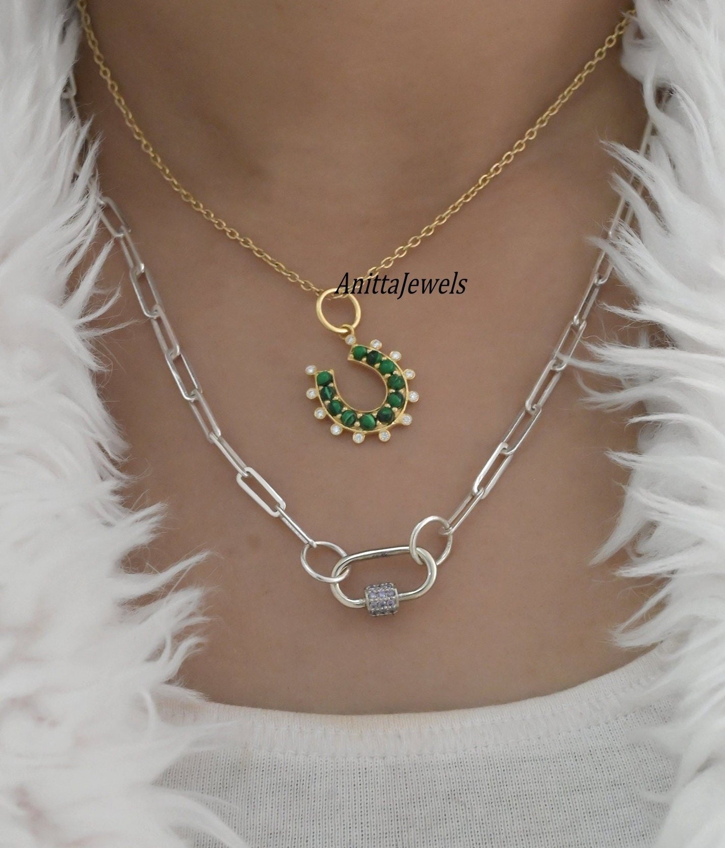 14K Plated Turquoise Horseshoe Pendant: Sterling Silver Moissanite Charm - View 4 - Anitta Jewels | SKU: etsy_1479862031 14K Plated Turquoise Horseshoe Pendant: Sterling Silver Moissanite Charm - View 4 - Anitta Jewels | SKU: etsy_1479862031