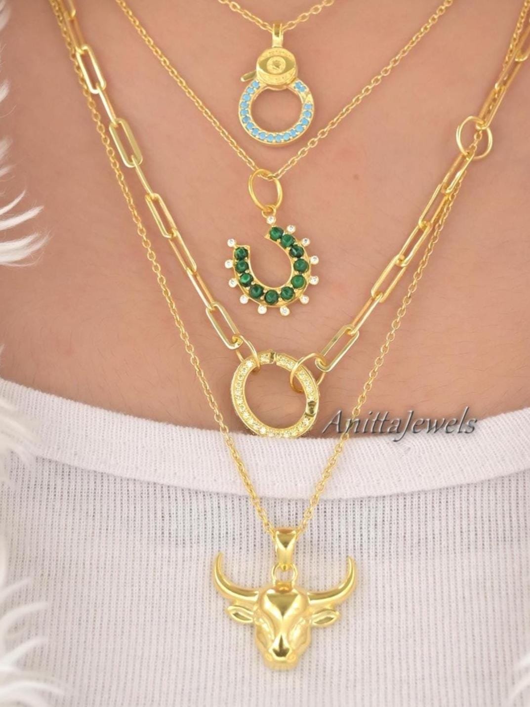 14K Plated Turquoise Horseshoe Pendant: Sterling Silver Moissanite Charm - View 7 - Anitta Jewels | SKU: etsy_1479862031 14K Plated Turquoise Horseshoe Pendant: Sterling Silver Moissanite Charm - View 7 - Anitta Jewels | SKU: etsy_1479862031