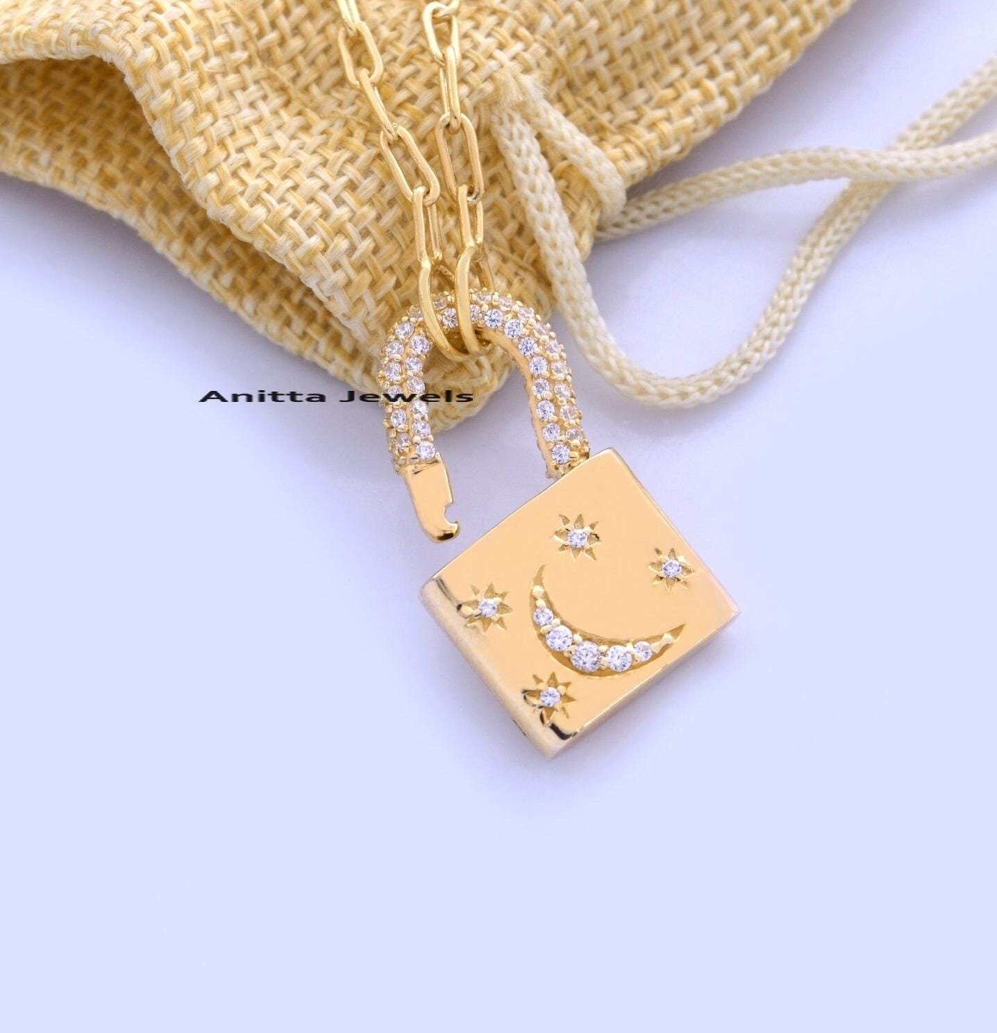 14k Solid Gold Diamond Star Moon Padlock Charm - View 2 - Anitta Jewels | SKU: etsy_1692240494 14k Solid Gold Diamond Star Moon Padlock Charm - View 2 - Anitta Jewels | SKU: etsy_1692240494