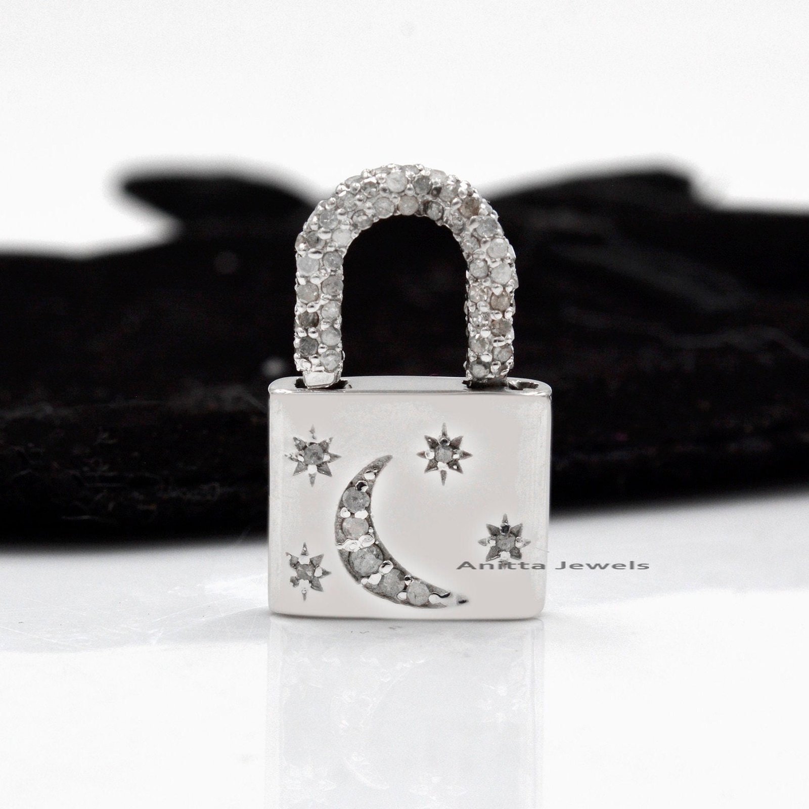 14k Solid Gold Diamond Star Moon Padlock Charm - View 4 - Anitta Jewels | SKU: etsy_1692240494 14k Solid Gold Diamond Star Moon Padlock Charm - View 4 - Anitta Jewels | SKU: etsy_1692240494
