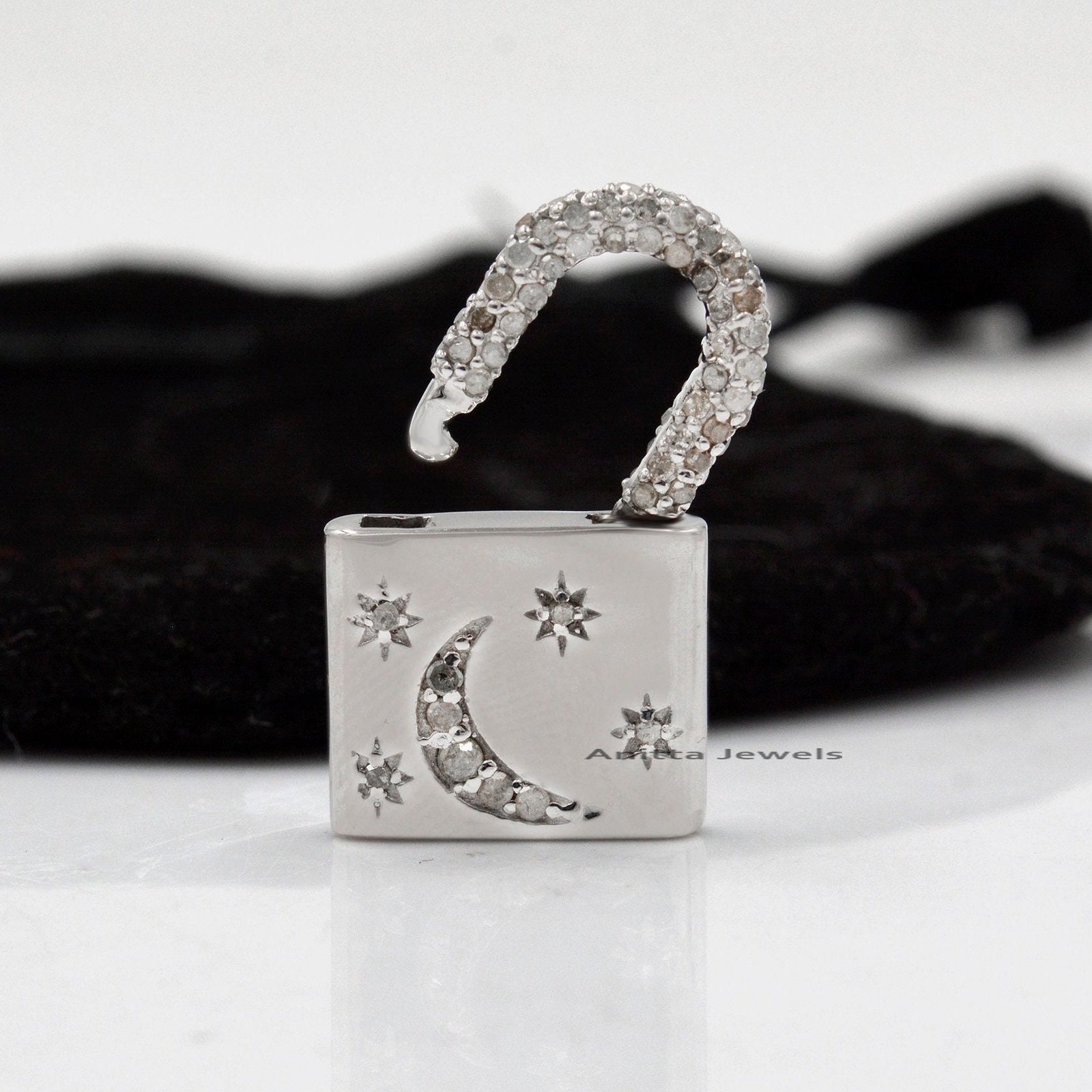 14k Solid Gold Diamond Star Moon Padlock Charm - View 5 - Anitta Jewels | SKU: etsy_1692240494 14k Solid Gold Diamond Star Moon Padlock Charm - View 5 - Anitta Jewels | SKU: etsy_1692240494