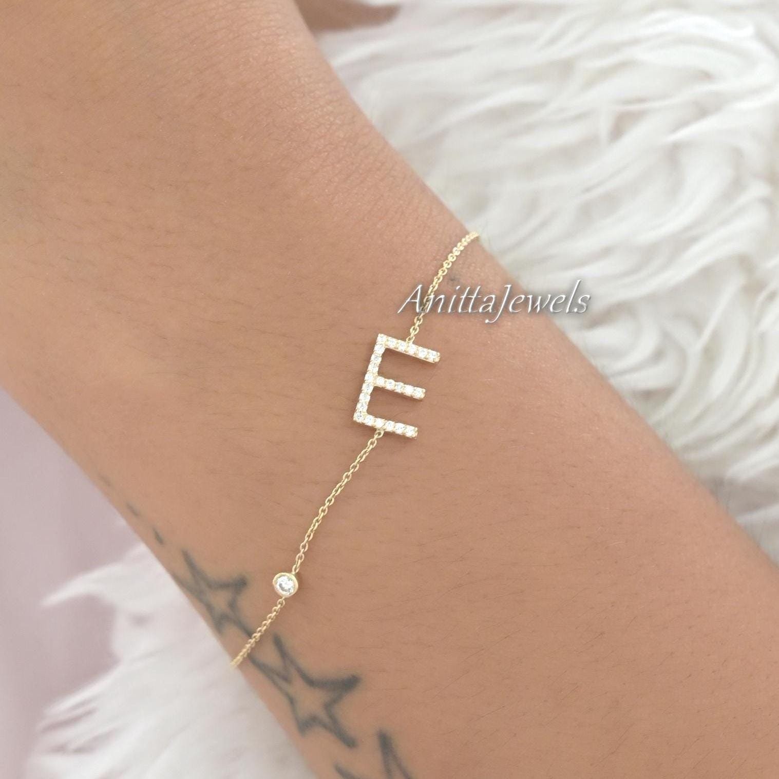 14k Solid Gold Initial Bracelet: Custom Moissanite Letter Bracelet - Anitta Jewels | SKU: etsy_1348187377 14k Solid Gold Initial Bracelet: Custom Moissanite Letter Bracelet - Anitta Jewels | SKU: etsy_1348187377