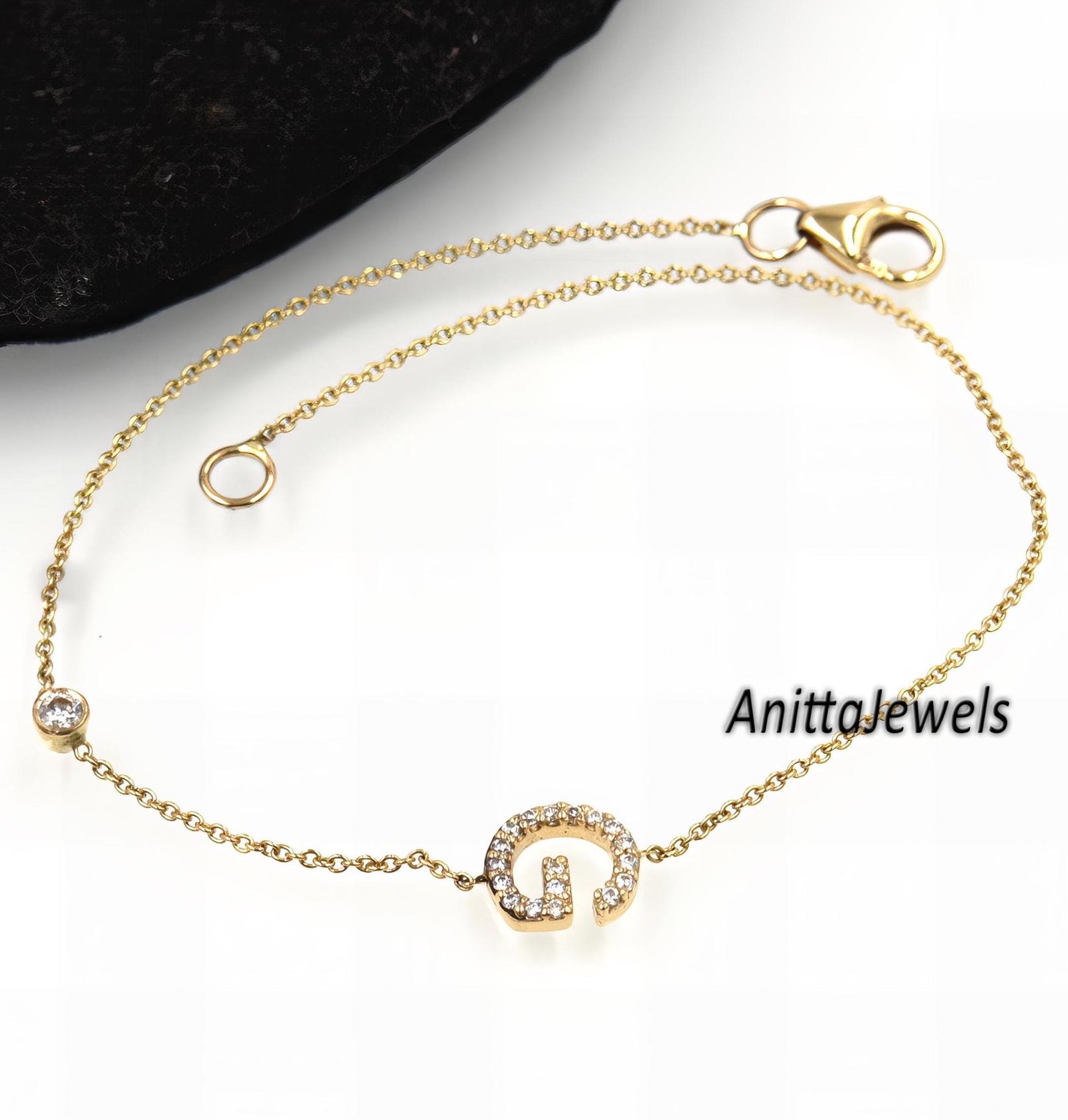 14k Solid Gold Initial Bracelet: Custom Moissanite Letter Bracelet - View 2 - Anitta Jewels | SKU: etsy_1348187377 14k Solid Gold Initial Bracelet: Custom Moissanite Letter Bracelet - View 2 - Anitta Jewels | SKU: etsy_1348187377