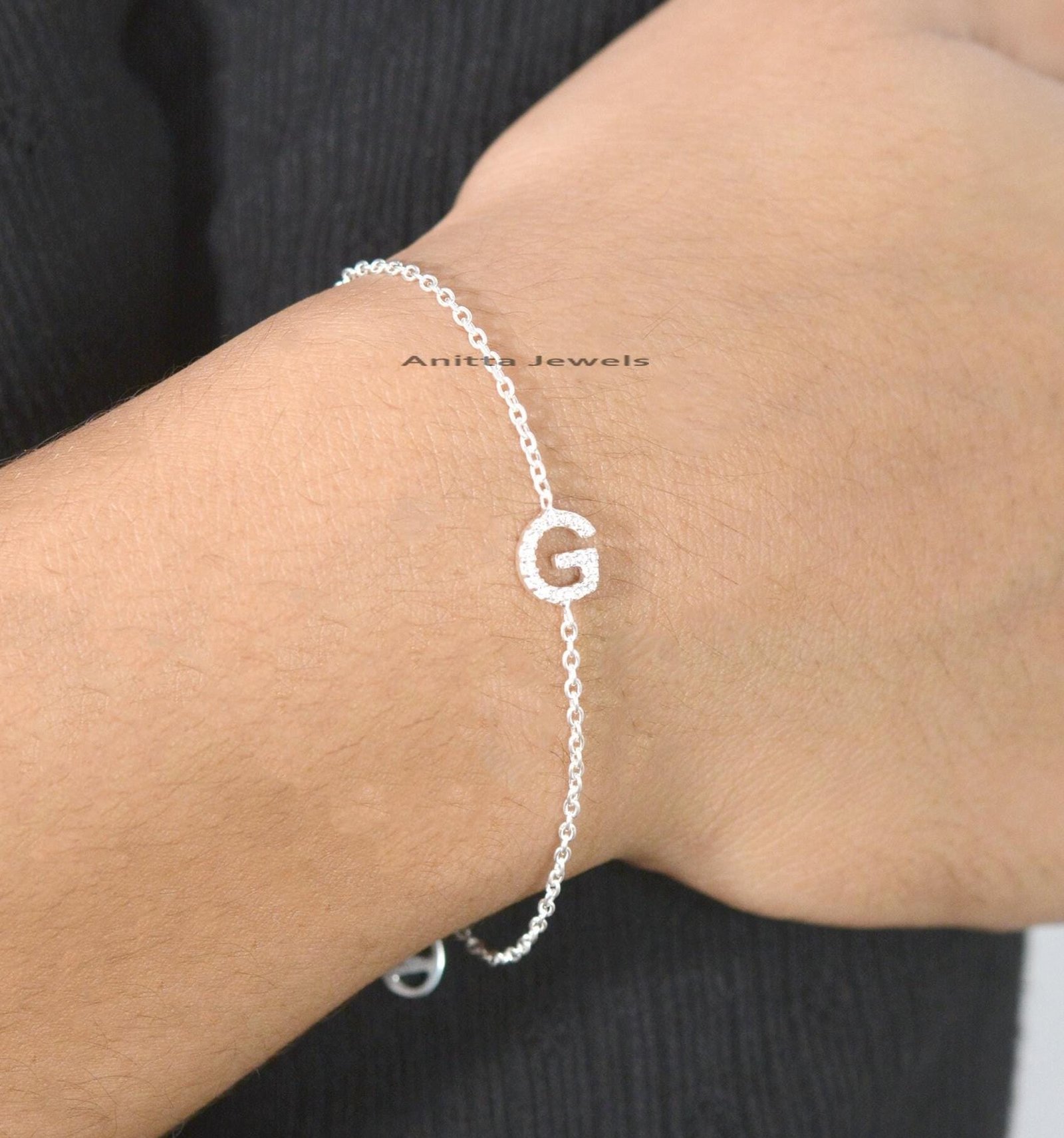 14k Solid Gold Initial Bracelet: Custom Moissanite Letter Bracelet - View 3 - Anitta Jewels | SKU: etsy_1348187377 14k Solid Gold Initial Bracelet: Custom Moissanite Letter Bracelet - View 3 - Anitta Jewels | SKU: etsy_1348187377