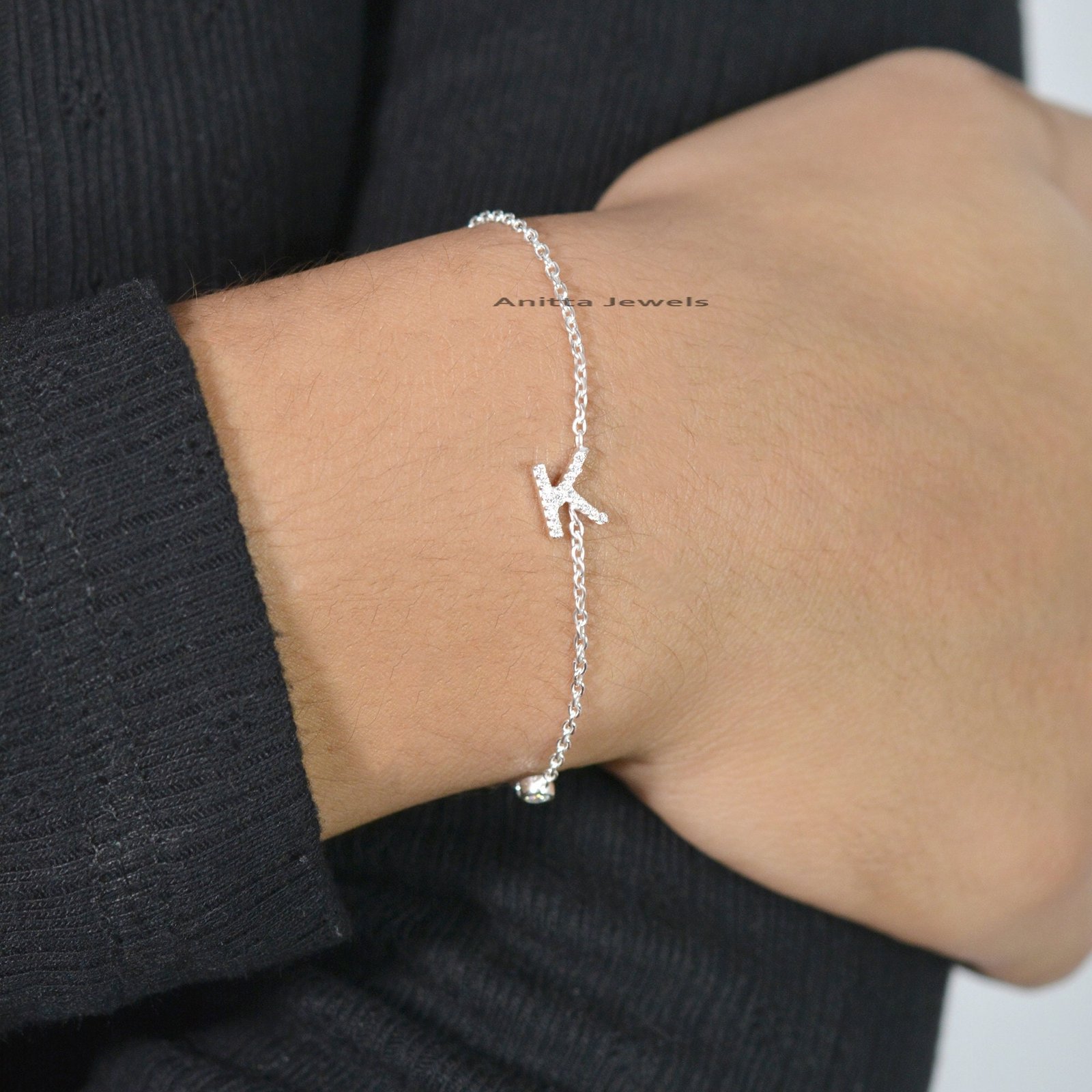 14k Solid Gold Initial Bracelet: Custom Moissanite Letter Bracelet - View 4 - Anitta Jewels | SKU: etsy_1348187377 14k Solid Gold Initial Bracelet: Custom Moissanite Letter Bracelet - View 4 - Anitta Jewels | SKU: etsy_1348187377