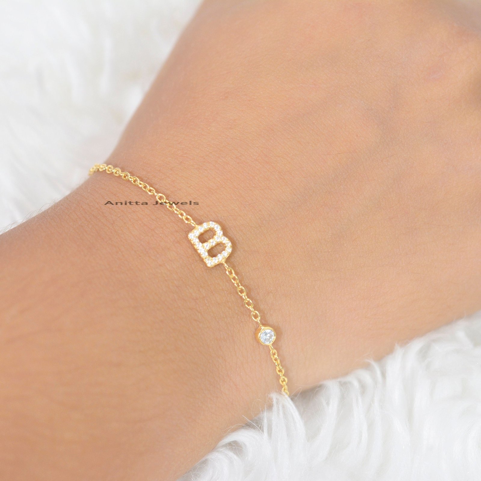 14k Solid Gold Initial Bracelet: Custom Moissanite Letter Bracelet - View 5 - Anitta Jewels | SKU: etsy_1348187377 14k Solid Gold Initial Bracelet: Custom Moissanite Letter Bracelet - View 5 - Anitta Jewels | SKU: etsy_1348187377
