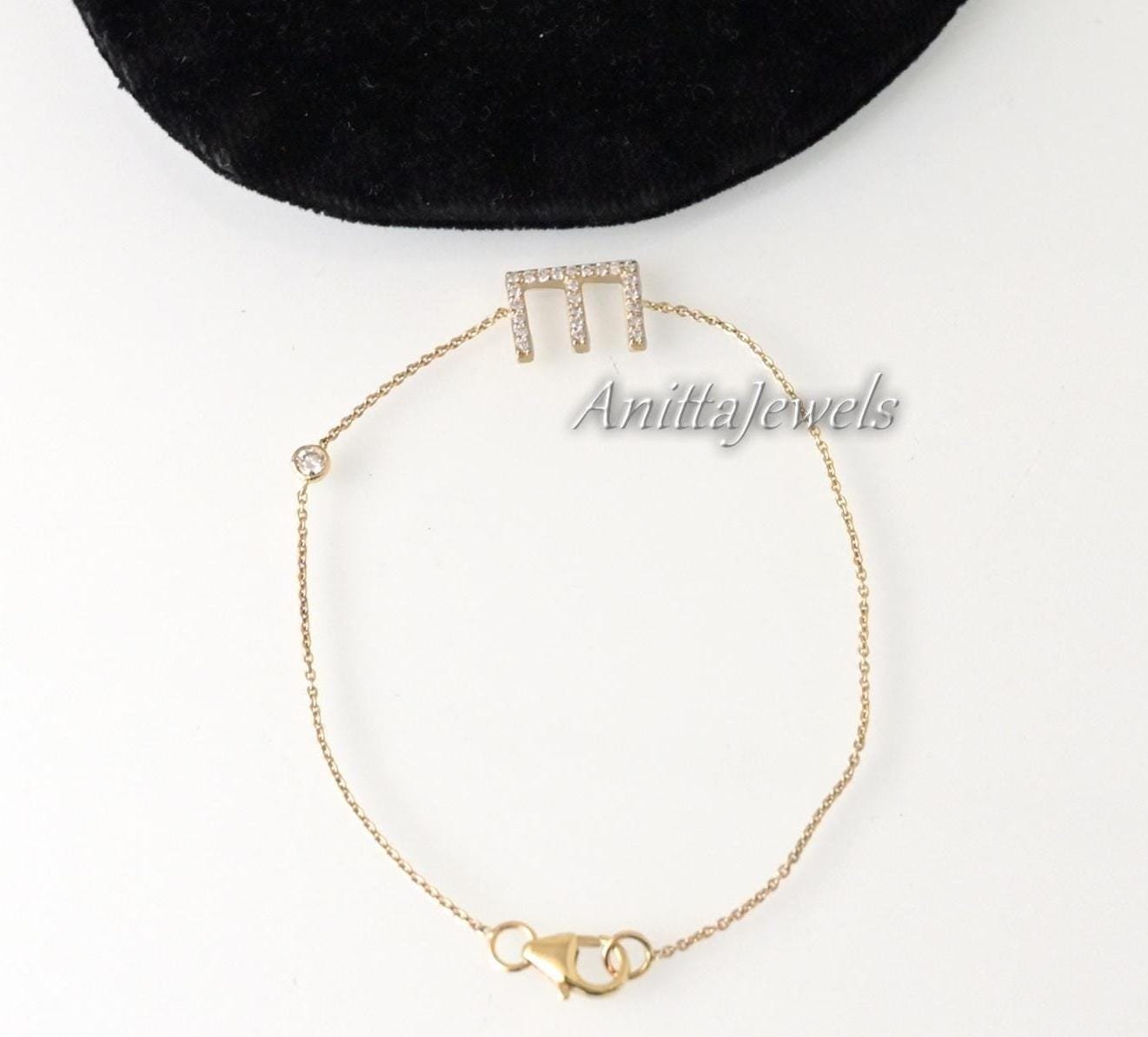14k Solid Gold Initial Bracelet: Custom Moissanite Letter Bracelet - View 7 - Anitta Jewels | SKU: etsy_1348187377 14k Solid Gold Initial Bracelet: Custom Moissanite Letter Bracelet - View 7 - Anitta Jewels | SKU: etsy_1348187377