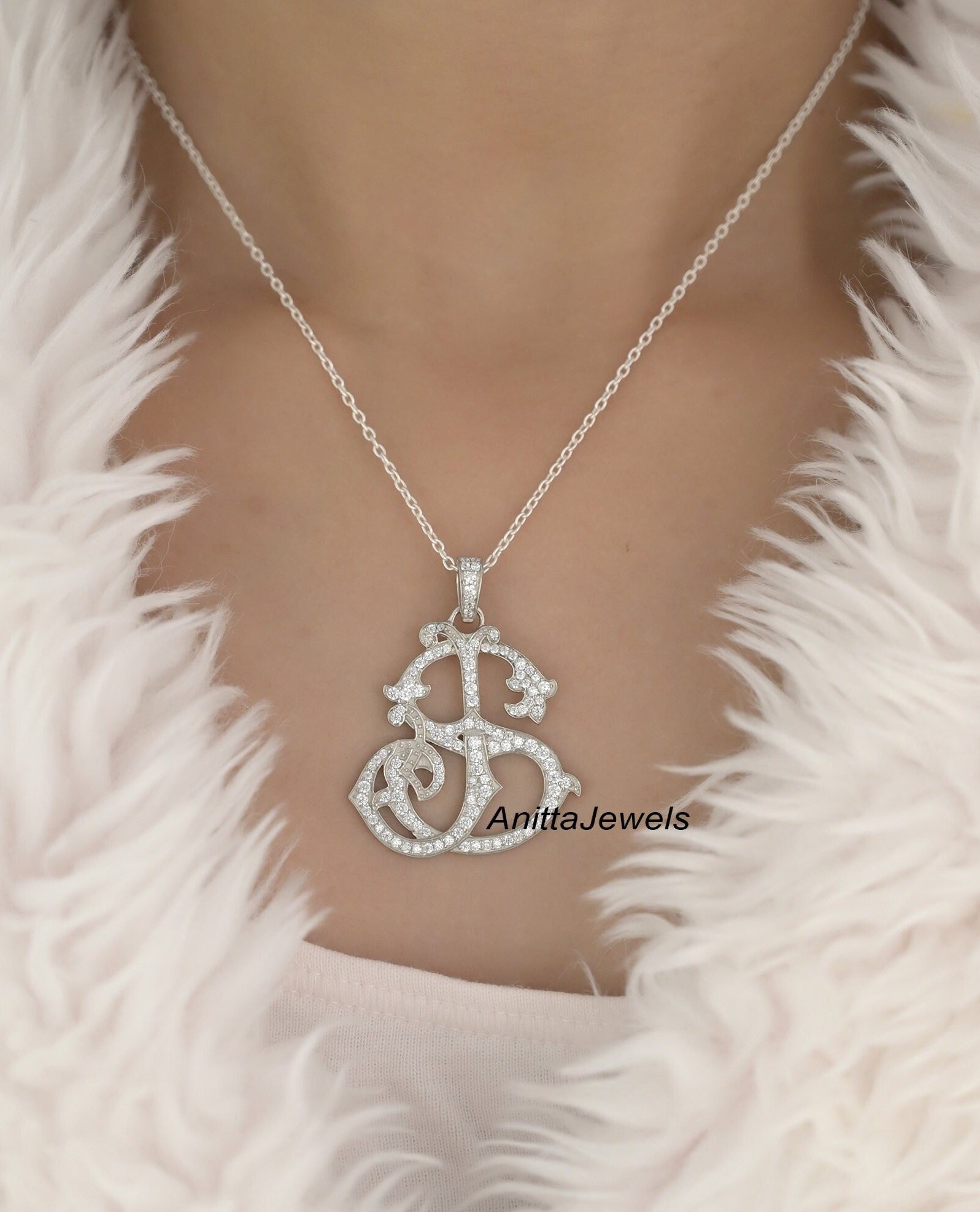 925 Silver Diamond Pave Monogram Pendant - Custom 2 Letter - View 4 - Anitta Jewels | SKU: etsy_963850127 925 Silver Diamond Pave Monogram Pendant - Custom 2 Letter - View 4 - Anitta Jewels | SKU: etsy_963850127