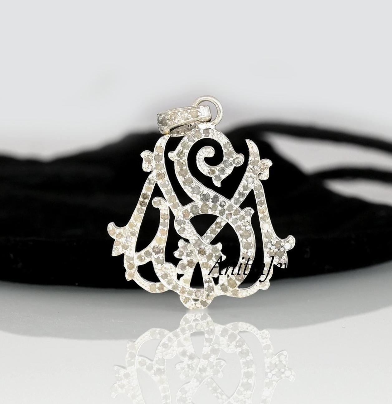 925 Silver Diamond Pave Monogram Pendant - Custom 2 Letter - View 6 - Anitta Jewels | SKU: etsy_963850127 925 Silver Diamond Pave Monogram Pendant - Custom 2 Letter - View 6 - Anitta Jewels | SKU: etsy_963850127