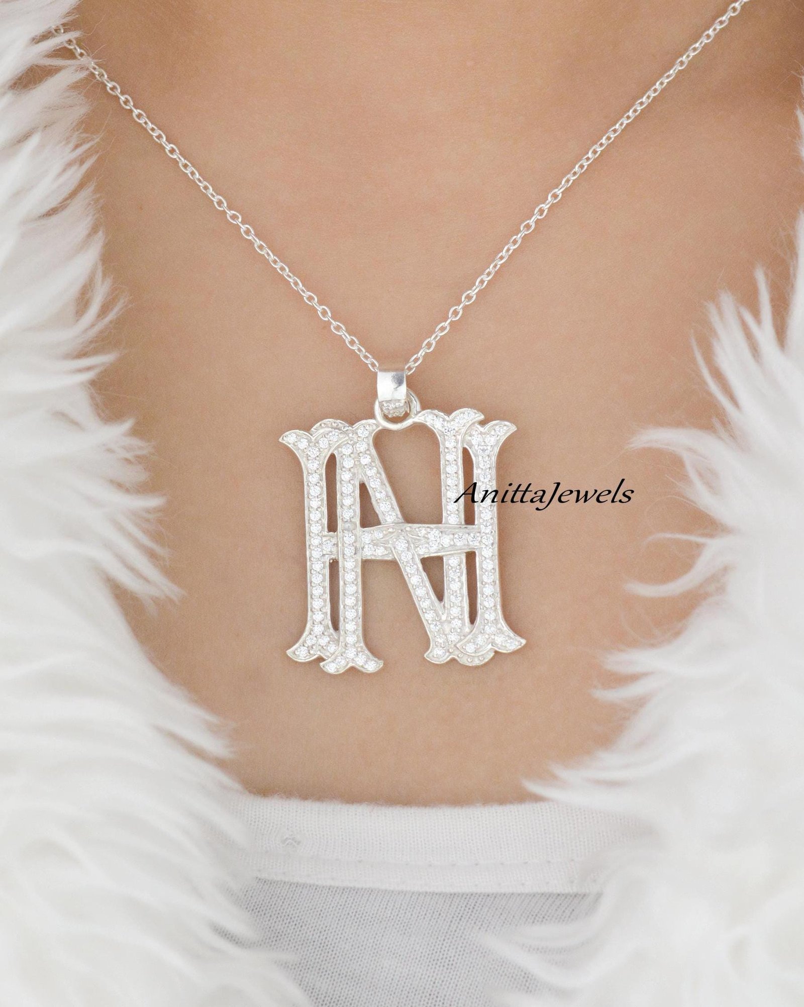 925 Silver Diamond Pave Monogram Pendant - Custom 2 Letter - View 7 - Anitta Jewels | SKU: etsy_963850127 925 Silver Diamond Pave Monogram Pendant - Custom 2 Letter - View 7 - Anitta Jewels | SKU: etsy_963850127
