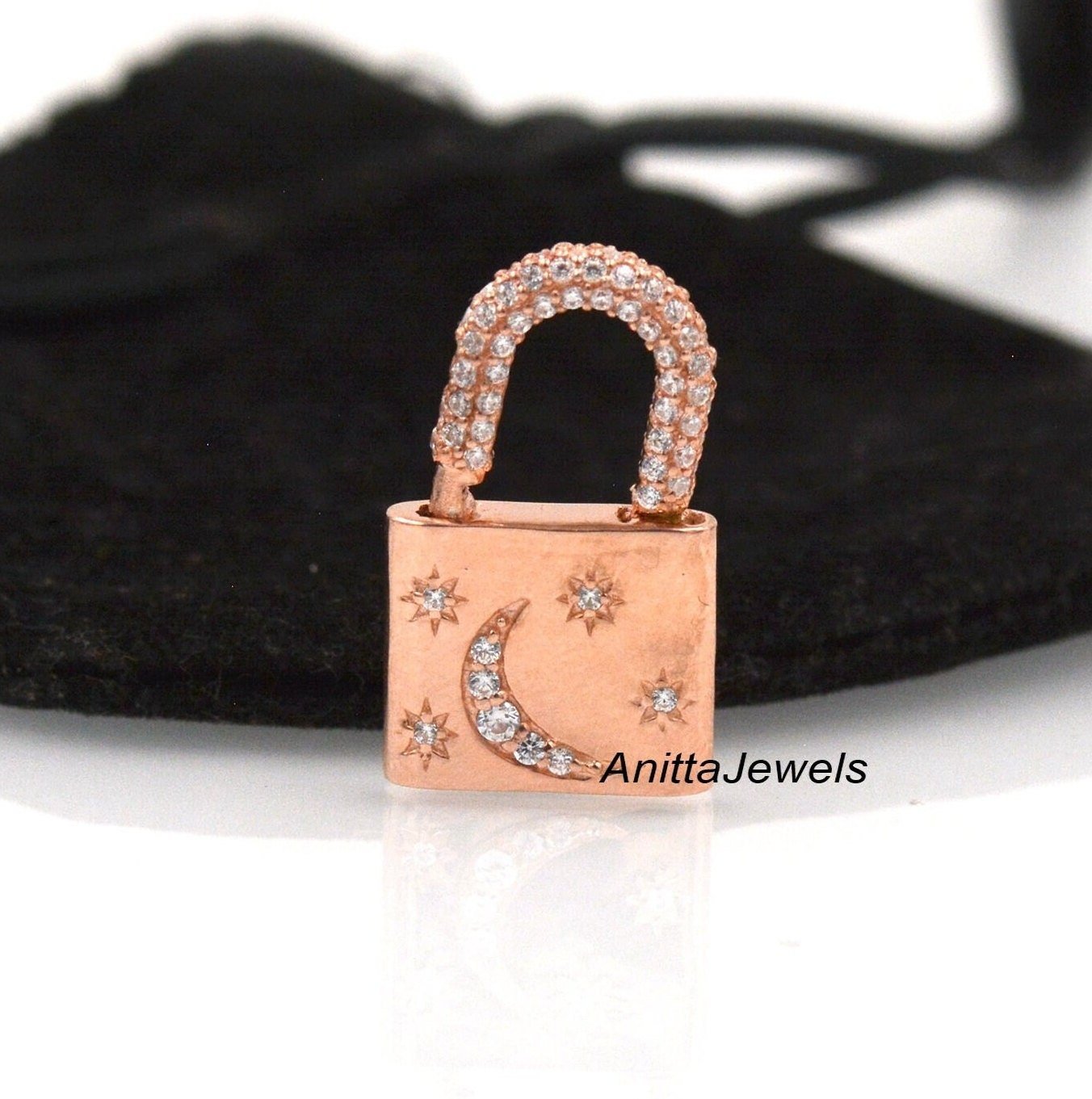 925 Silver Diamond Star Moon Padlock Pendant - View 3 - Anitta Jewels | SKU: etsy_1134834816 925 Silver Diamond Star Moon Padlock Pendant - View 3 - Anitta Jewels | SKU: etsy_1134834816