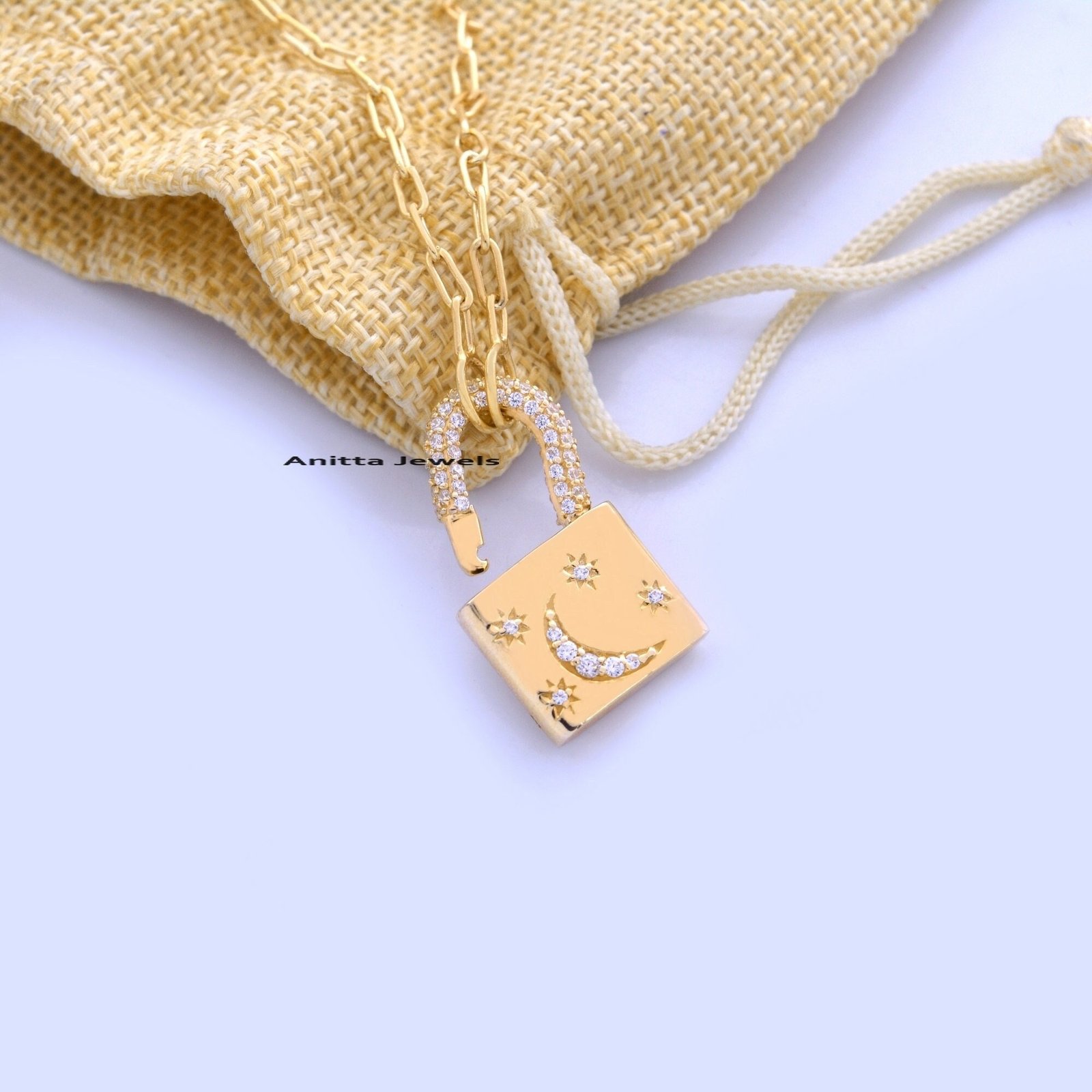 925 Silver Diamond Star Moon Padlock Pendant - View 4 - Anitta Jewels | SKU: etsy_1134834816 925 Silver Diamond Star Moon Padlock Pendant - View 4 - Anitta Jewels | SKU: etsy_1134834816
