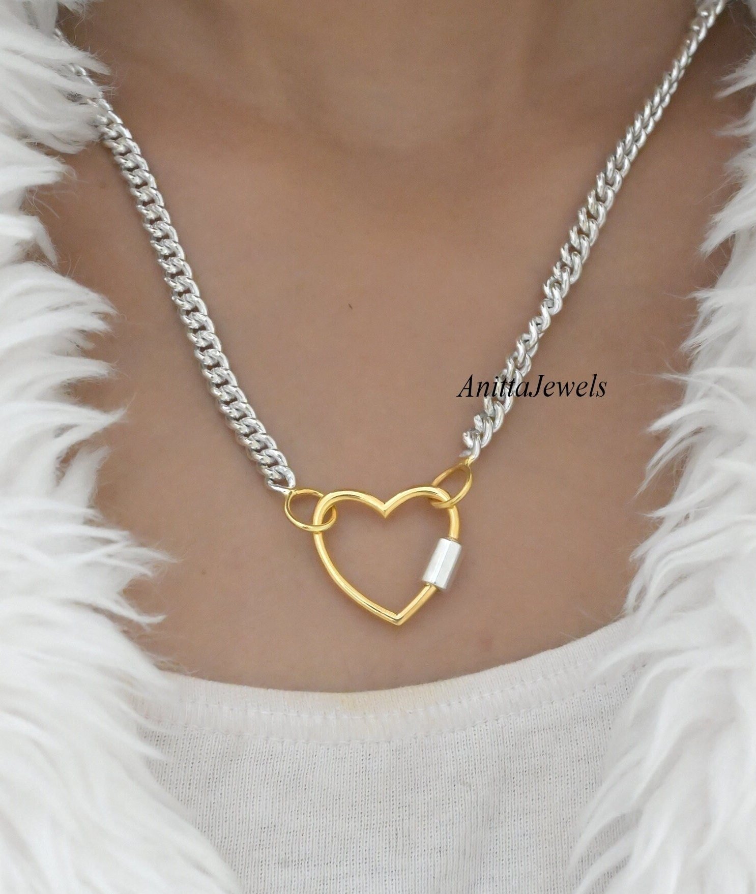 925 Silver Heart Carabiner Necklace: Two-Tone Heart Lock Pendant - Anitta Jewels | SKU: etsy_694752431 925 Silver Heart Carabiner Necklace: Two-Tone Heart Lock Pendant - Anitta Jewels | SKU: etsy_694752431
