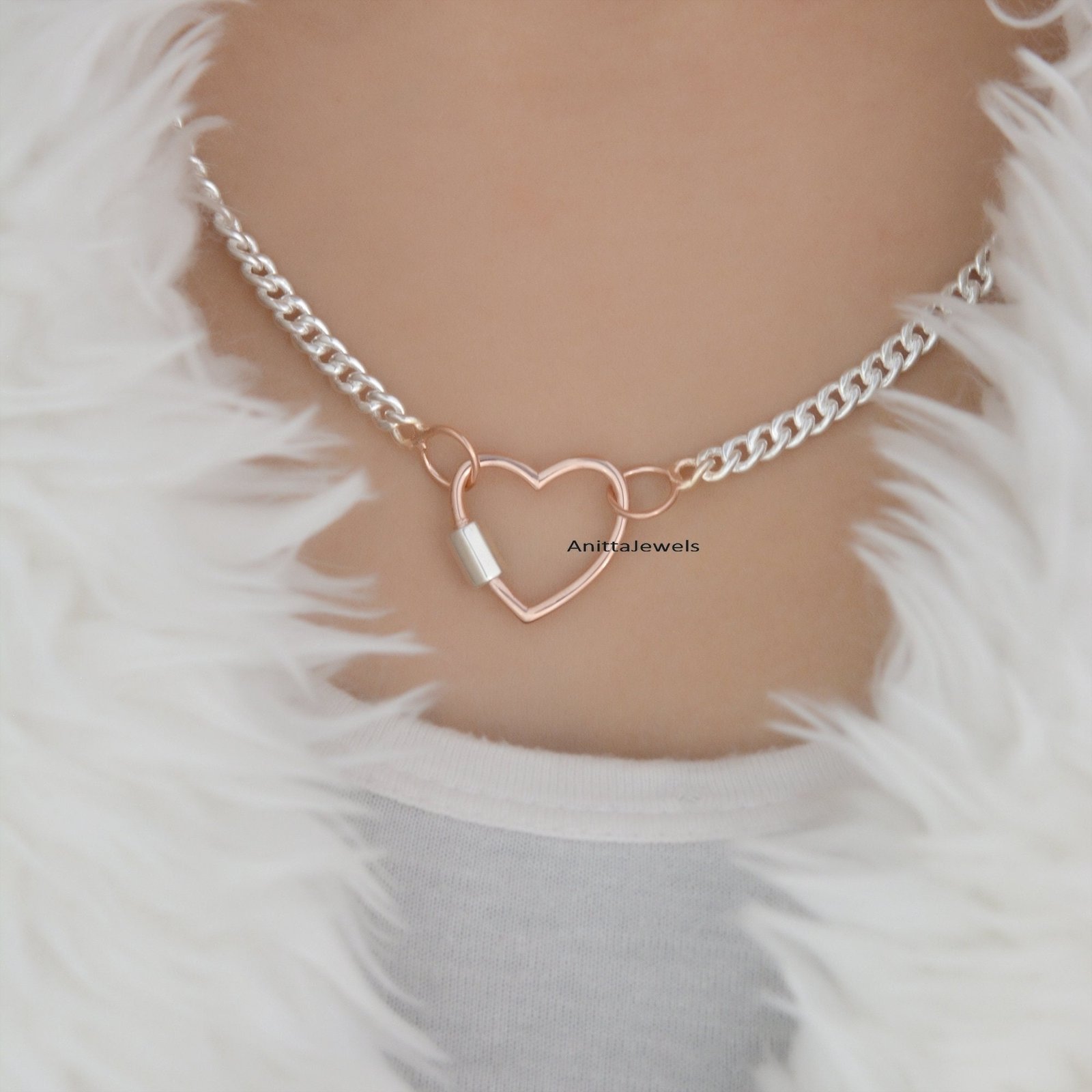 925 Silver Heart Carabiner Necklace: Two-Tone Heart Lock Pendant - View 2 - Anitta Jewels | SKU: etsy_694752431 925 Silver Heart Carabiner Necklace: Two-Tone Heart Lock Pendant - View 2 - Anitta Jewels | SKU: etsy_694752431