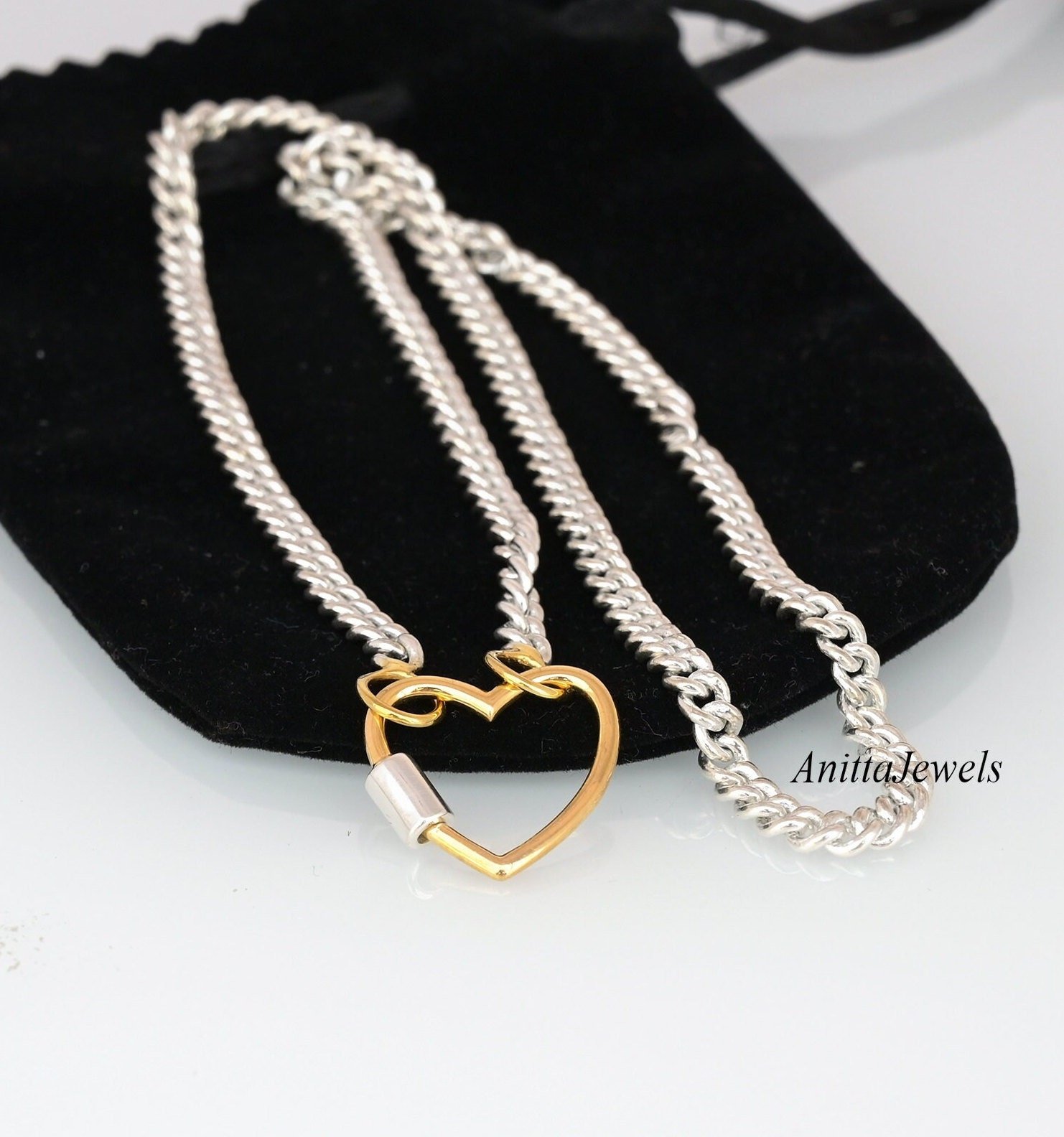 925 Silver Heart Carabiner Necklace: Two-Tone Heart Lock Pendant - View 3 - Anitta Jewels | SKU: etsy_694752431 925 Silver Heart Carabiner Necklace: Two-Tone Heart Lock Pendant - View 3 - Anitta Jewels | SKU: etsy_694752431