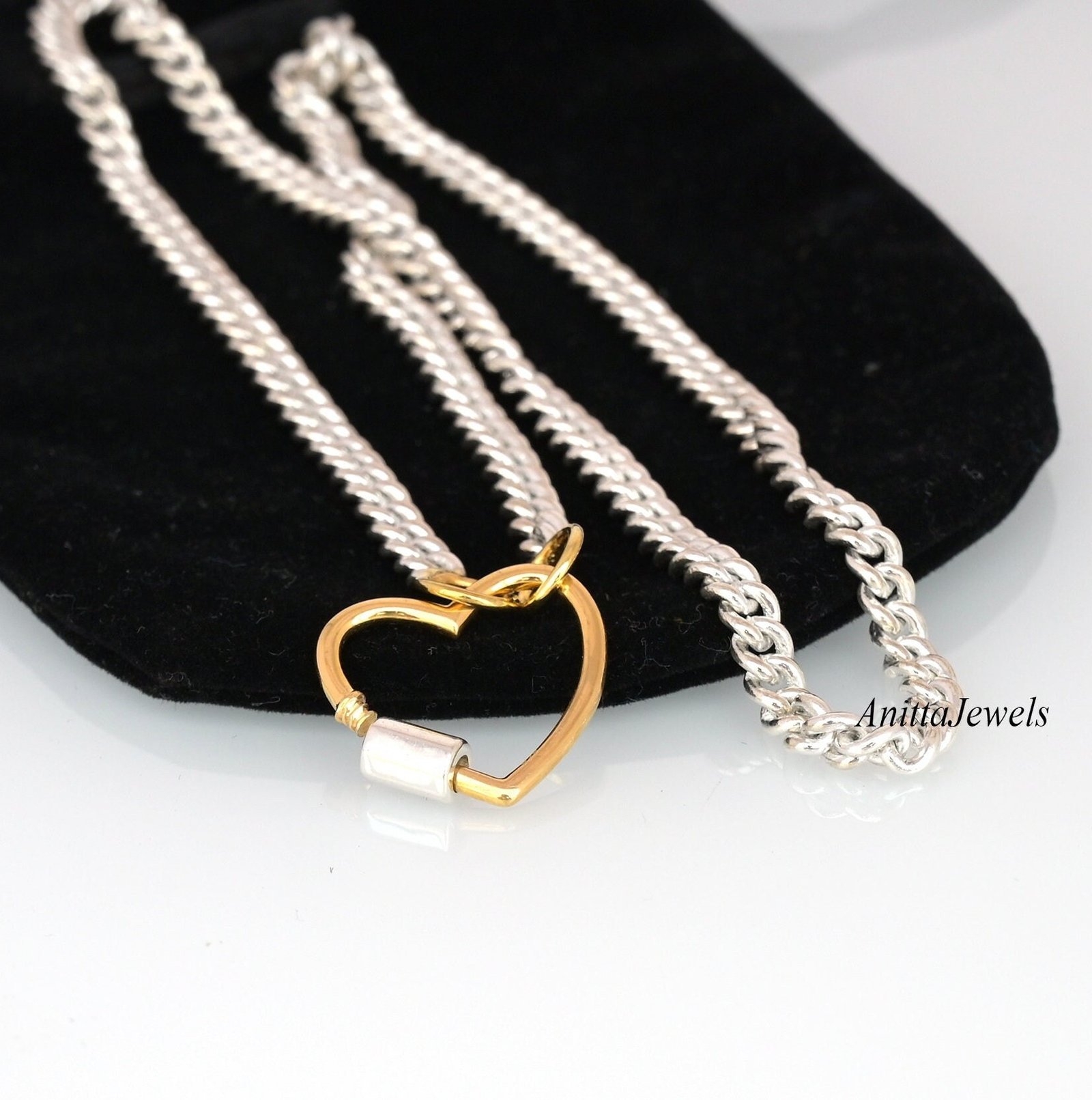 925 Silver Heart Carabiner Necklace: Two-Tone Heart Lock Pendant - View 4 - Anitta Jewels | SKU: etsy_694752431 925 Silver Heart Carabiner Necklace: Two-Tone Heart Lock Pendant - View 4 - Anitta Jewels | SKU: etsy_694752431