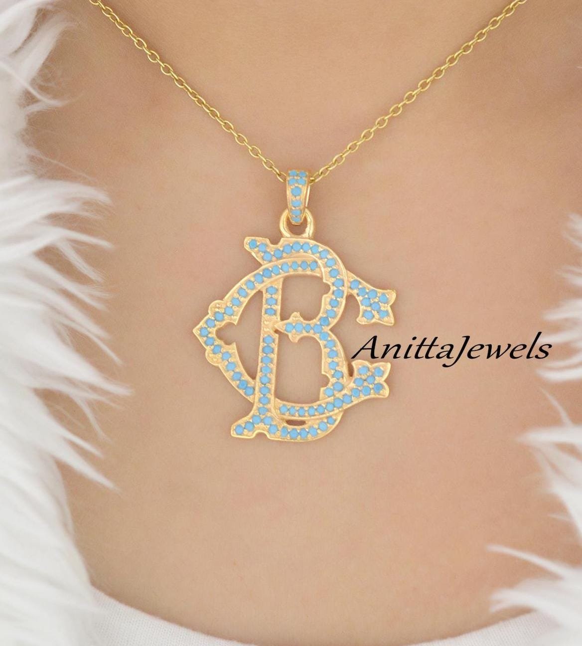 925 Silver Turquoise Monogram Pendant, Custom Two Letter Jewelry - View 4 - Anitta Jewels | SKU: etsy_762154519 925 Silver Turquoise Monogram Pendant, Custom Two Letter Jewelry - View 4 - Anitta Jewels | SKU: etsy_762154519
