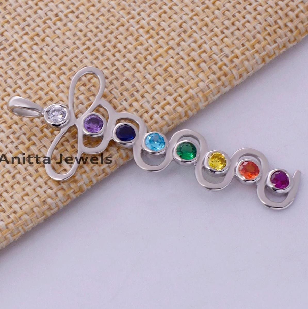 925 Silver Winged Caduceus Chakra Pendant: Multi Cubic Zircon Gemstone - Anitta Jewels | SKU: etsy_970252805 925 Silver Winged Caduceus Chakra Pendant: Multi Cubic Zircon Gemstone - Anitta Jewels | SKU: etsy_970252805