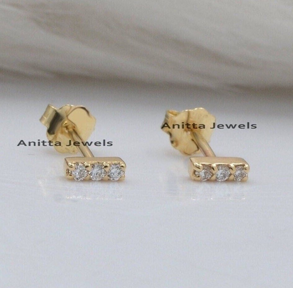 9K Gold Diamond Bar Stud Earrings - View 3 - Anitta Jewels | SKU: etsy_1117940784 9K Gold Diamond Bar Stud Earrings - View 3 - Anitta Jewels | SKU: etsy_1117940784